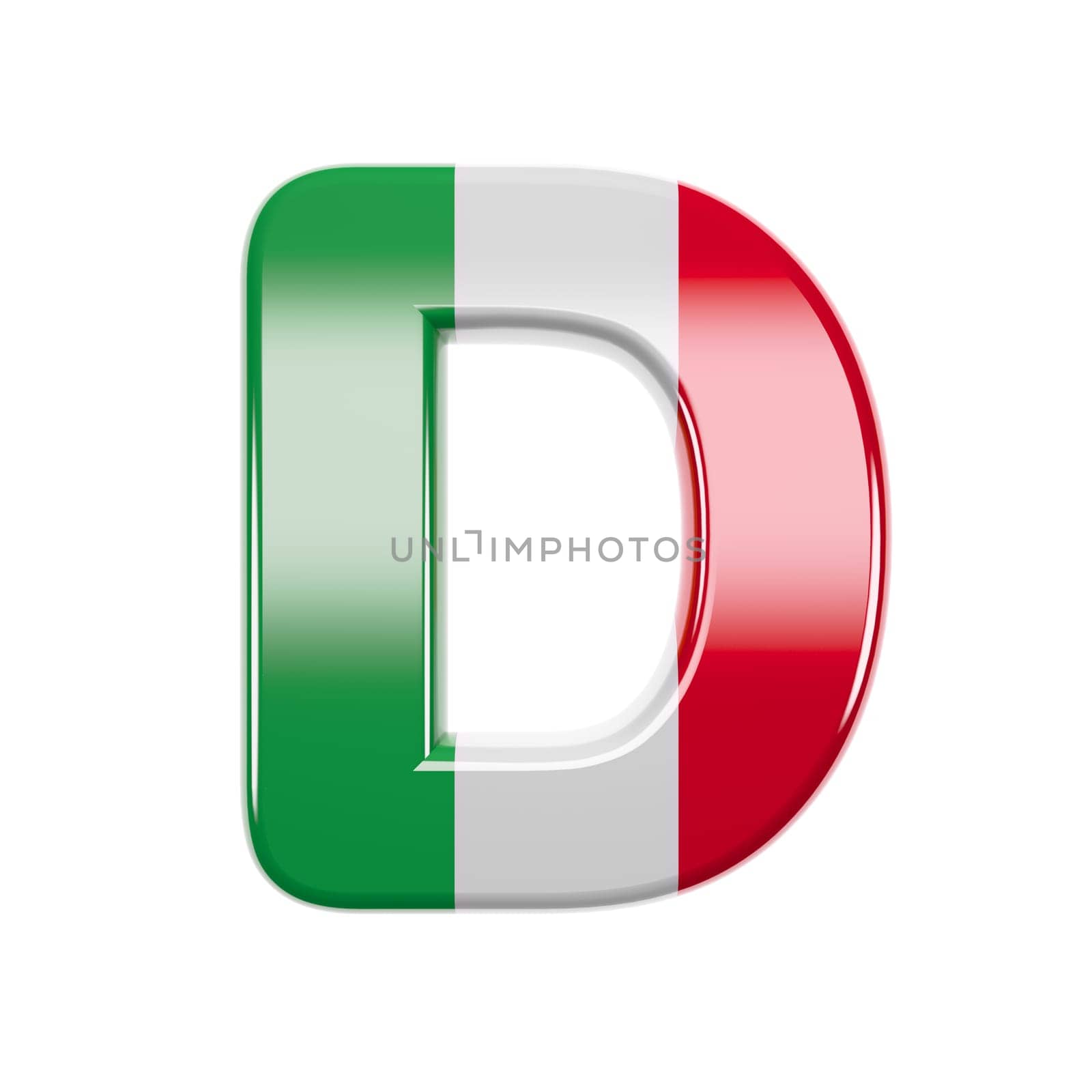Italian letter D - Uppercase 3d Italy flag font isolated on white background. This alphabet is perfect for creative illustrations related but not limited to Italy, Europe, Rome...
