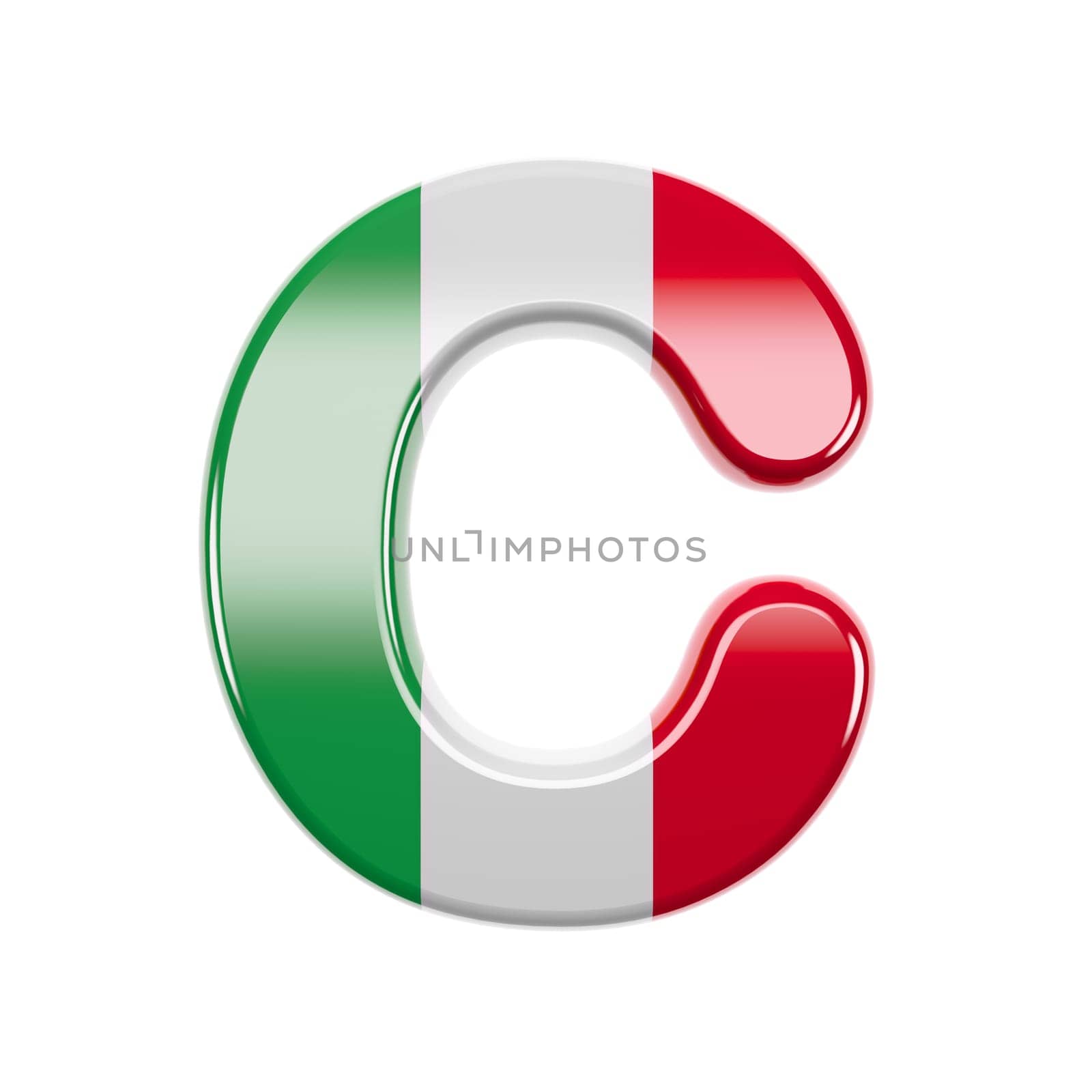 Italian letter C - large 3d Italy flag font isolated on white background. This alphabet is perfect for creative illustrations related but not limited to Italy, Europe, Rome...