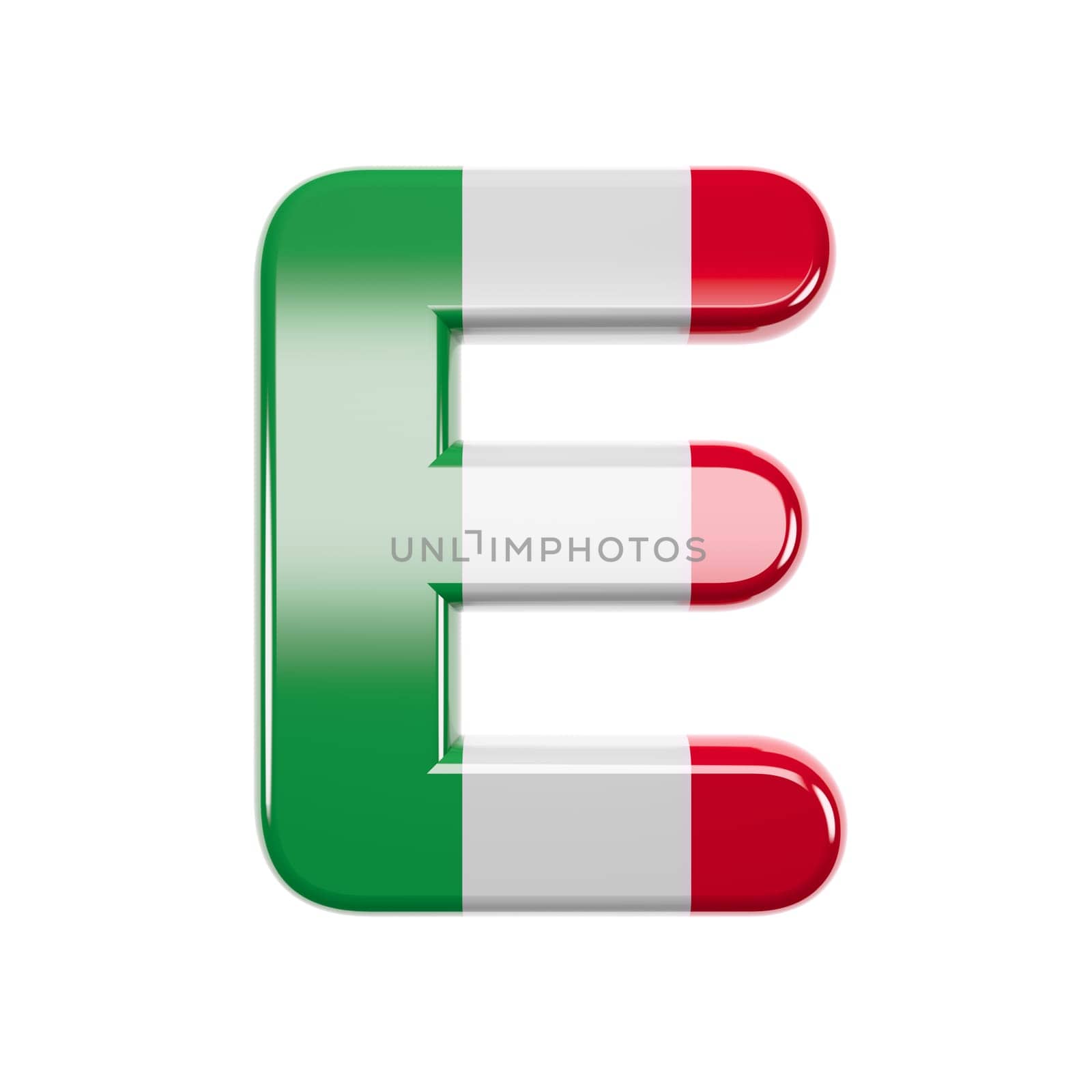 Italian letter E - large 3d Italy flag font isolated on white background. This alphabet is perfect for creative illustrations related but not limited to Italy, Europe, Rome...