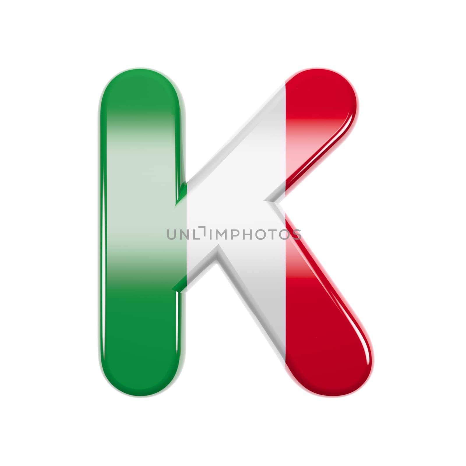 Italian letter K - Large 3d Italy flag font isolated on white background. This alphabet is perfect for creative illustrations related but not limited to Italy, Europe, Rome...