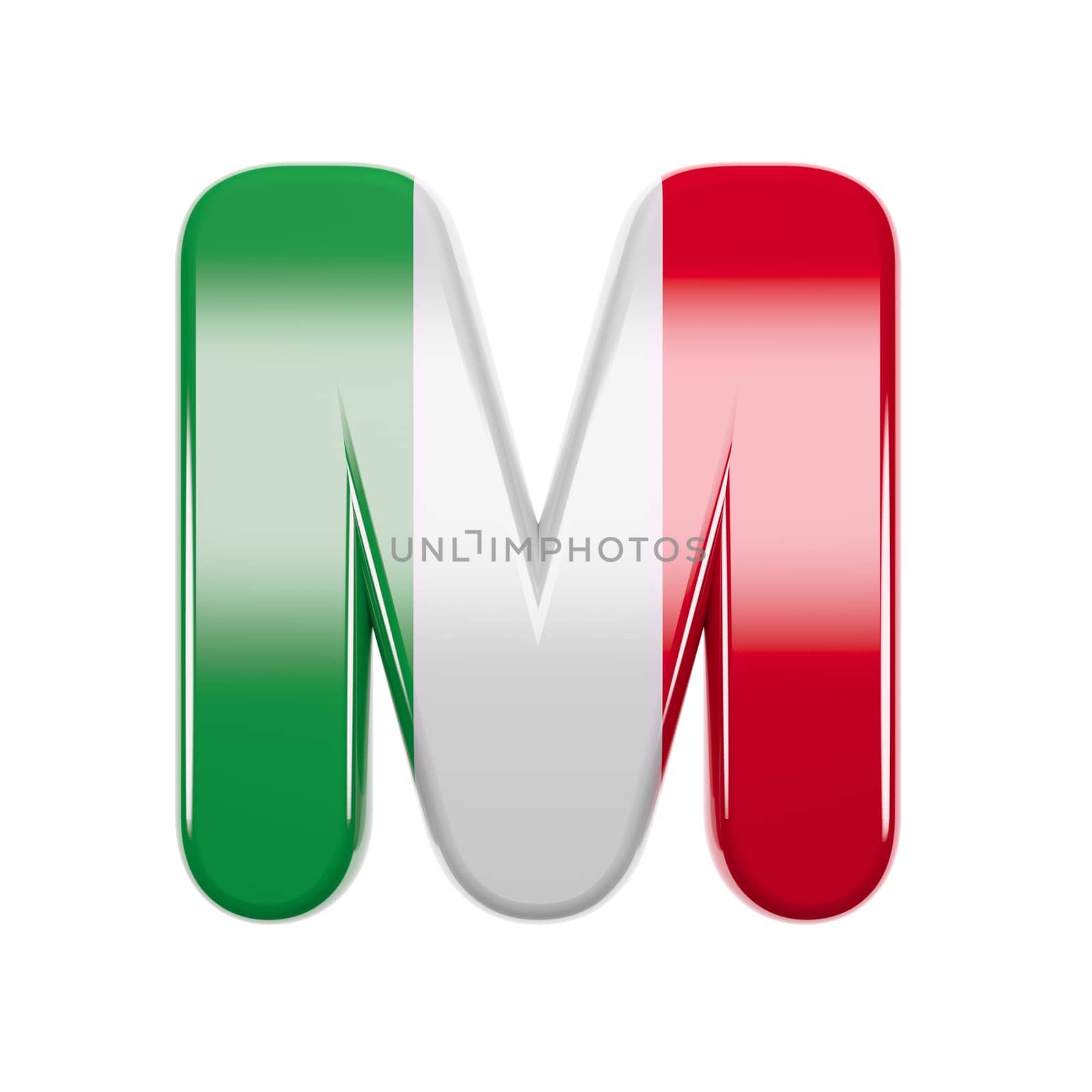 Italian letter M - Upper-case 3d Italy flag font isolated on white background. This alphabet is perfect for creative illustrations related but not limited to Italy, Europe, Rome...
