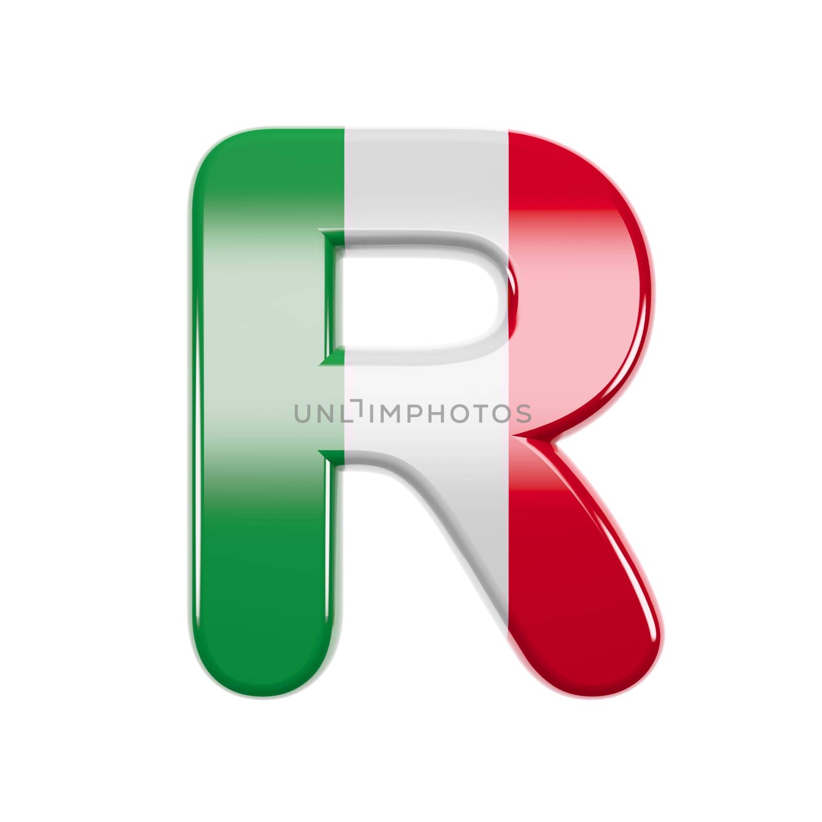 Italian letter R - Capital 3d Italy flag font isolated on white background. This alphabet is perfect for creative illustrations related but not limited to Italy, Europe, Rome...