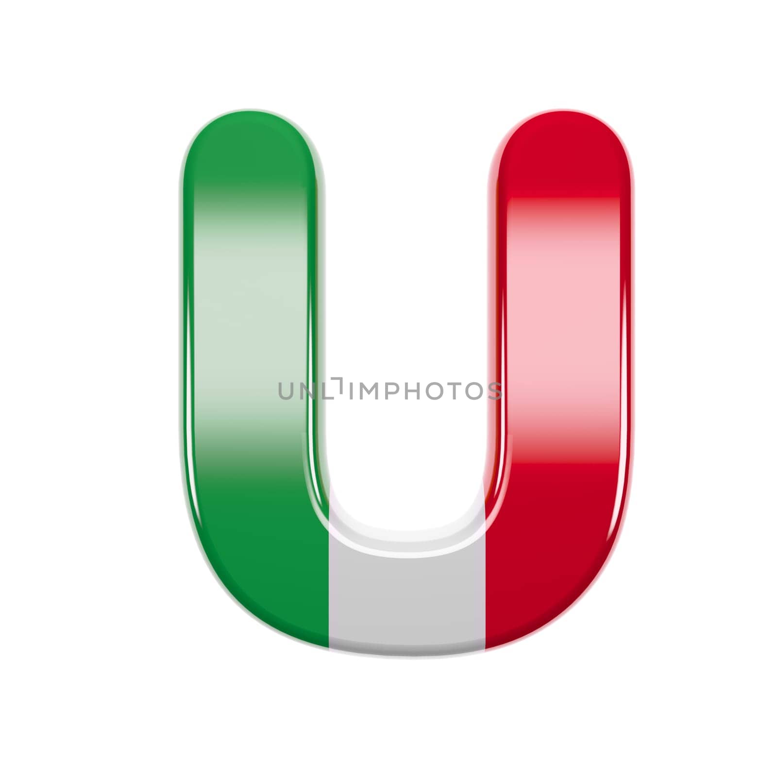 Italian letter U - Upper-case 3d Italy flag font isolated on white background. This alphabet is perfect for creative illustrations related but not limited to Italy, Europe, Rome...