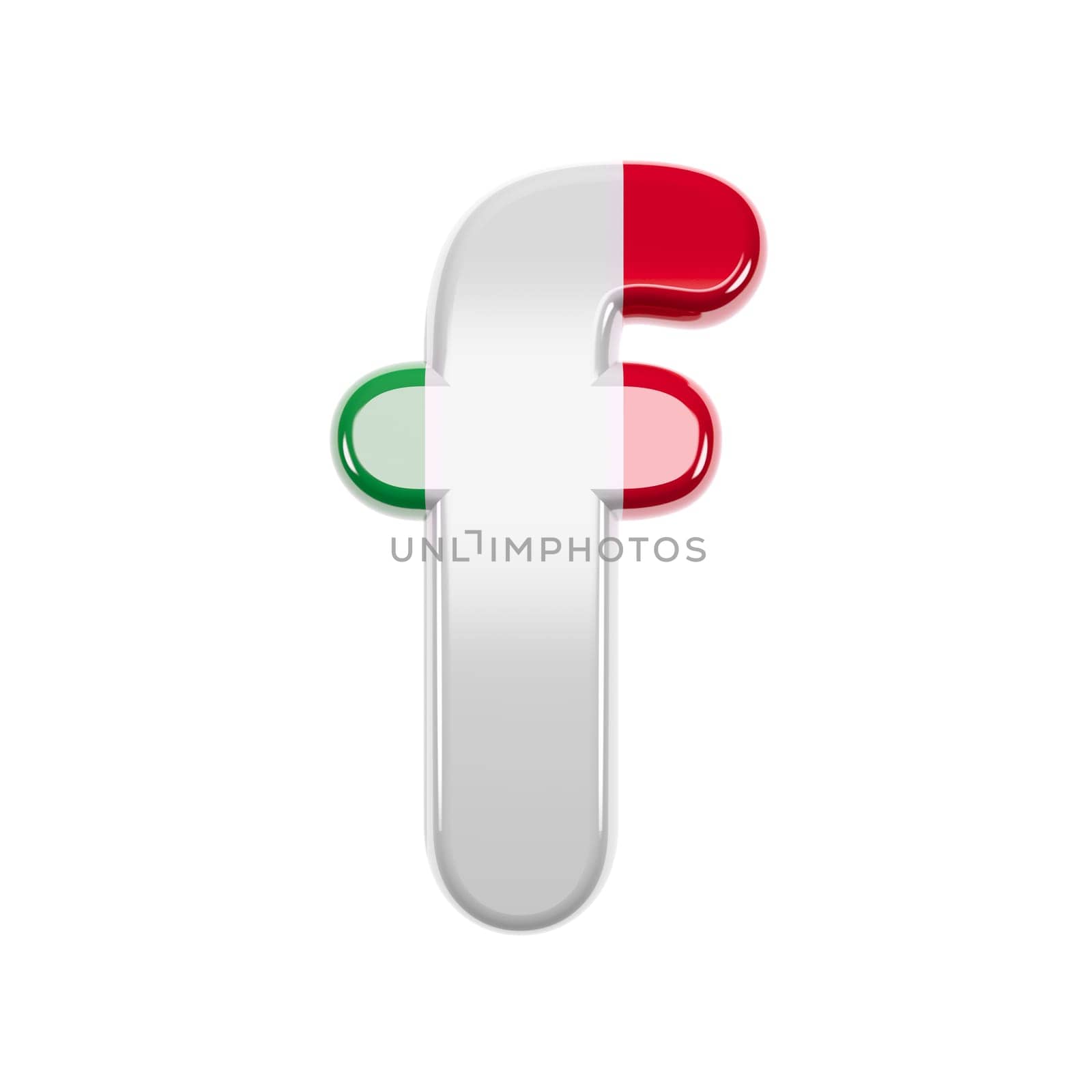 Italian letter F - Lowercase 3d Italy flag font isolated on white background. This alphabet is perfect for creative illustrations related but not limited to Italy, Europe, Rome...