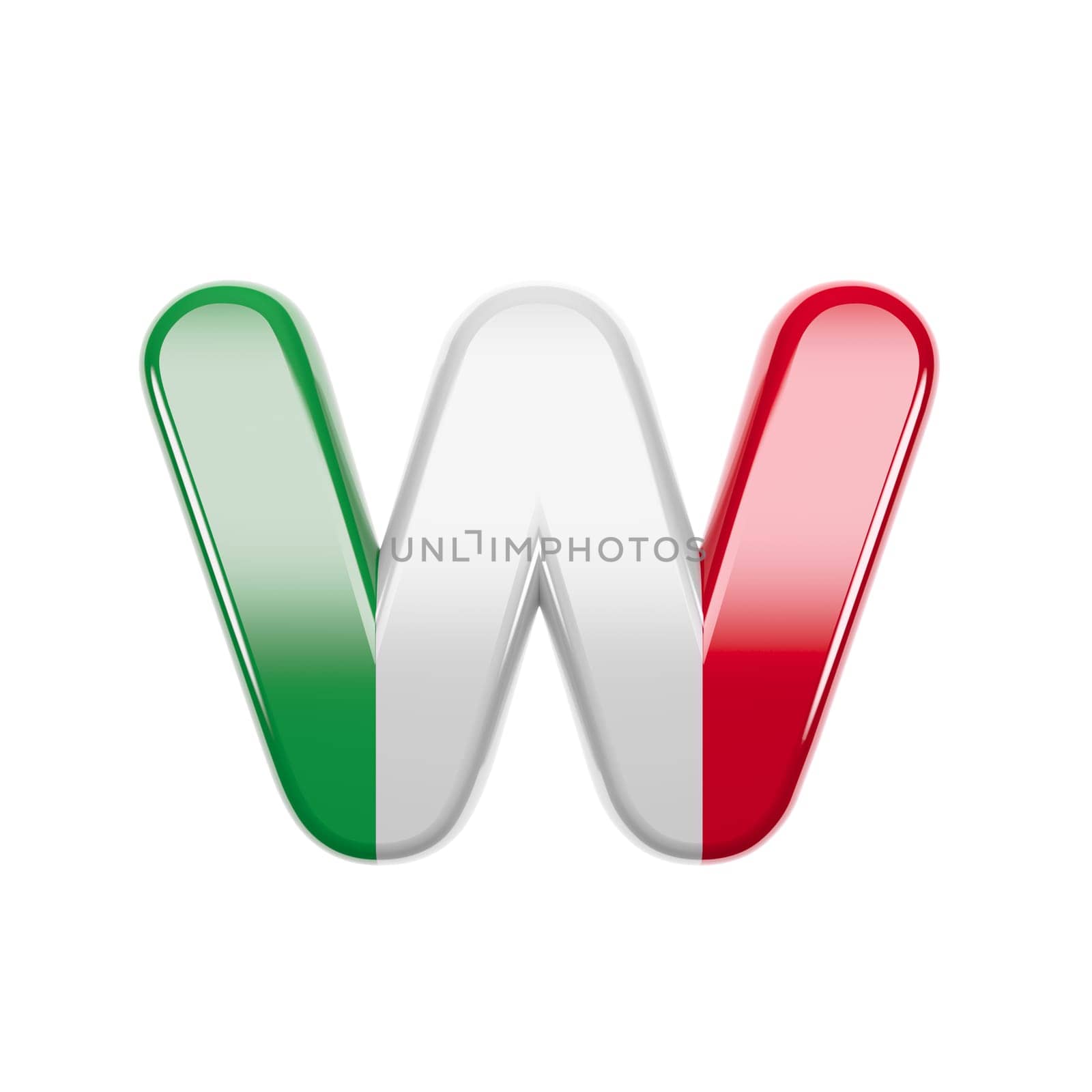 Italian letter W - Lower-case 3d Italy flag font isolated on white background. This alphabet is perfect for creative illustrations related but not limited to Italy, Europe, Rome...