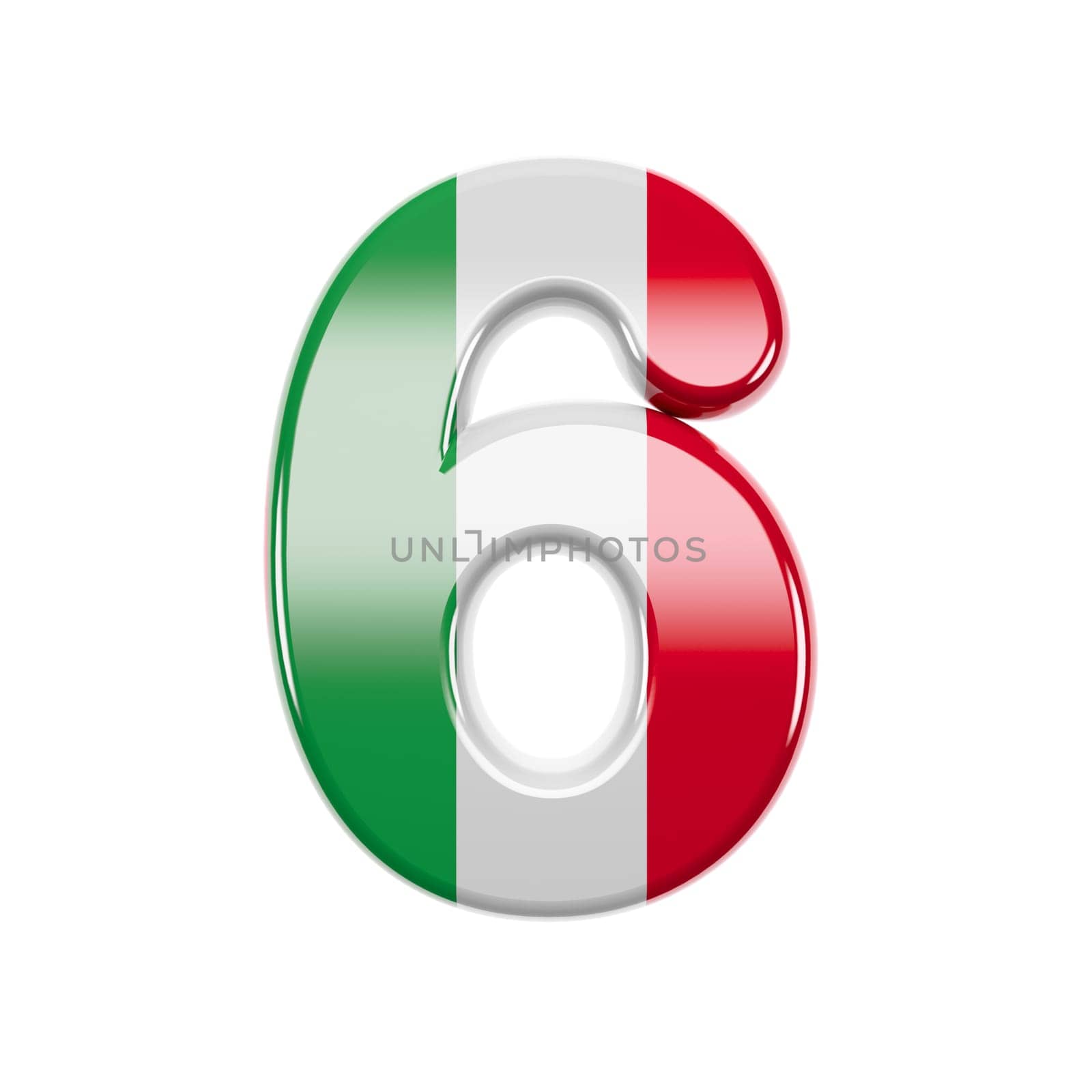 Italian number 6 - 3d Italy flag digit isolated on white background. This alphabet is perfect for creative illustrations related but not limited to Italy, Europe, Rome...