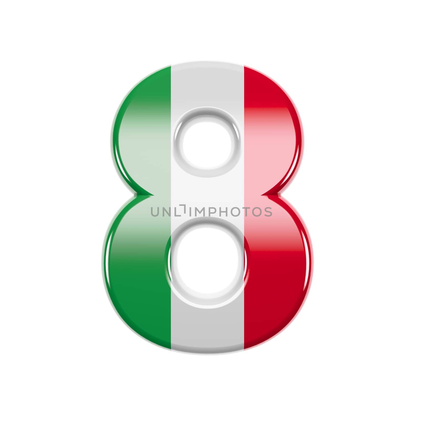 Italian number 8 - 3d Italy flag digit isolated on white background. This alphabet is perfect for creative illustrations related but not limited to Italy, Europe, Rome...
