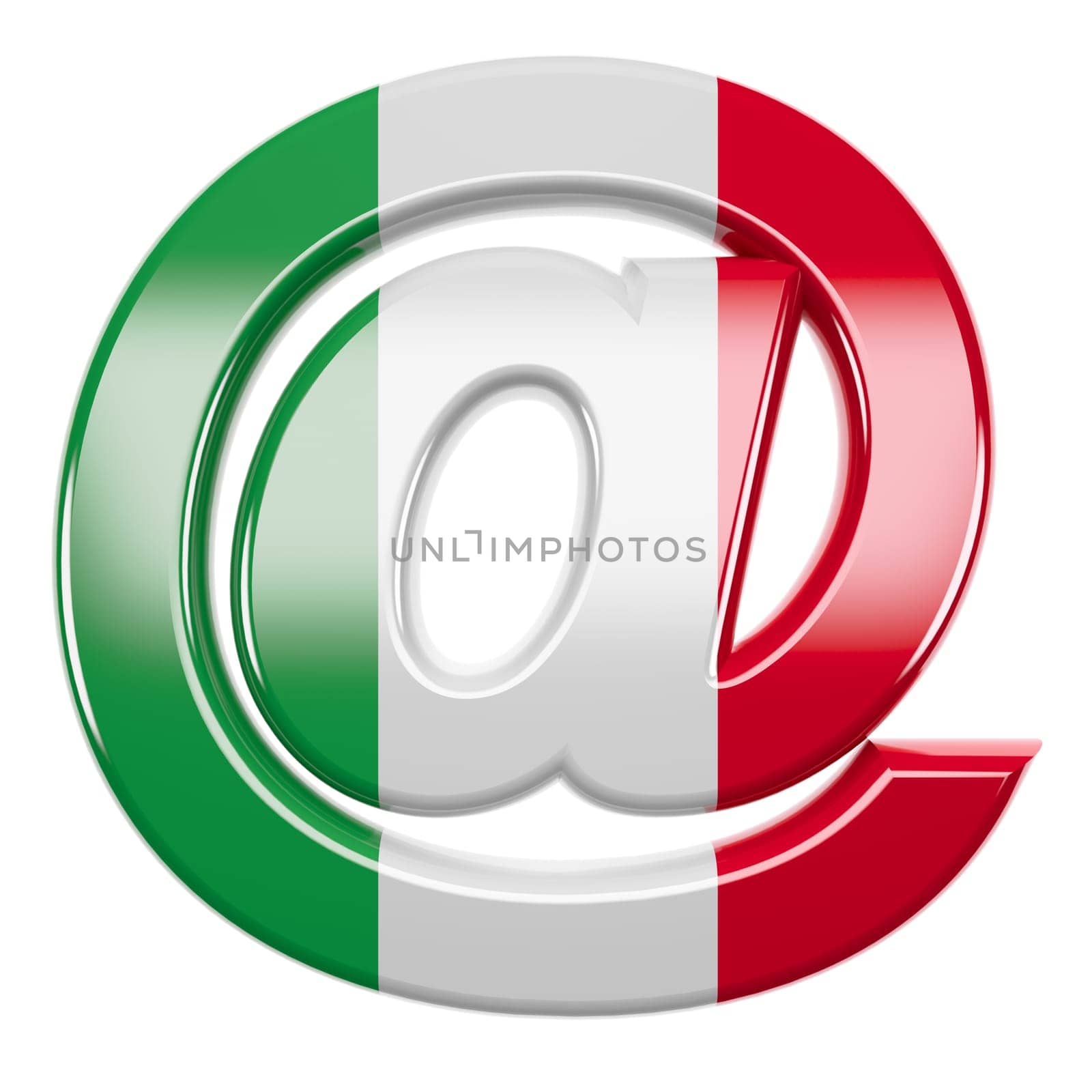 Italian email sign - 3d Arobase symbol Italy flag isolated on white background. This alphabet is perfect for creative illustrations related but not limited to Italy, Europe, Rome...
