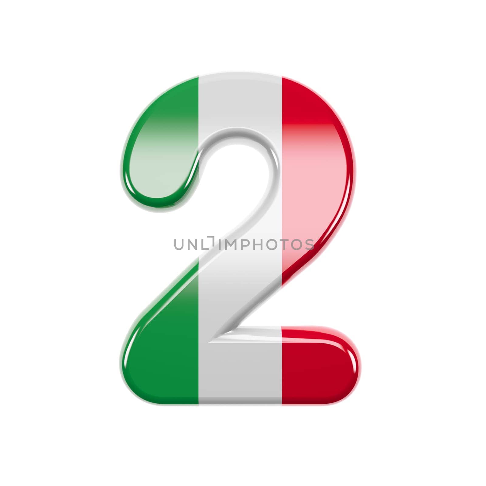 Italian number 2 - 3d Italy flag digit isolated on white background. This alphabet is perfect for creative illustrations related but not limited to Italy, Europe, Rome...
