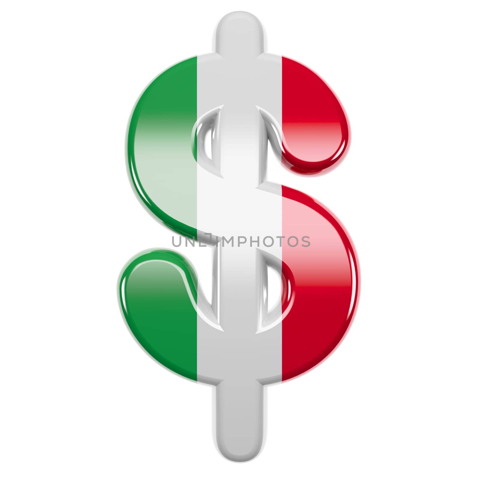 Italian dollar currency sign - 3d Italy flag business symbol isolated on white background. This alphabet is perfect for creative illustrations related to Italy, Europe, Rome.