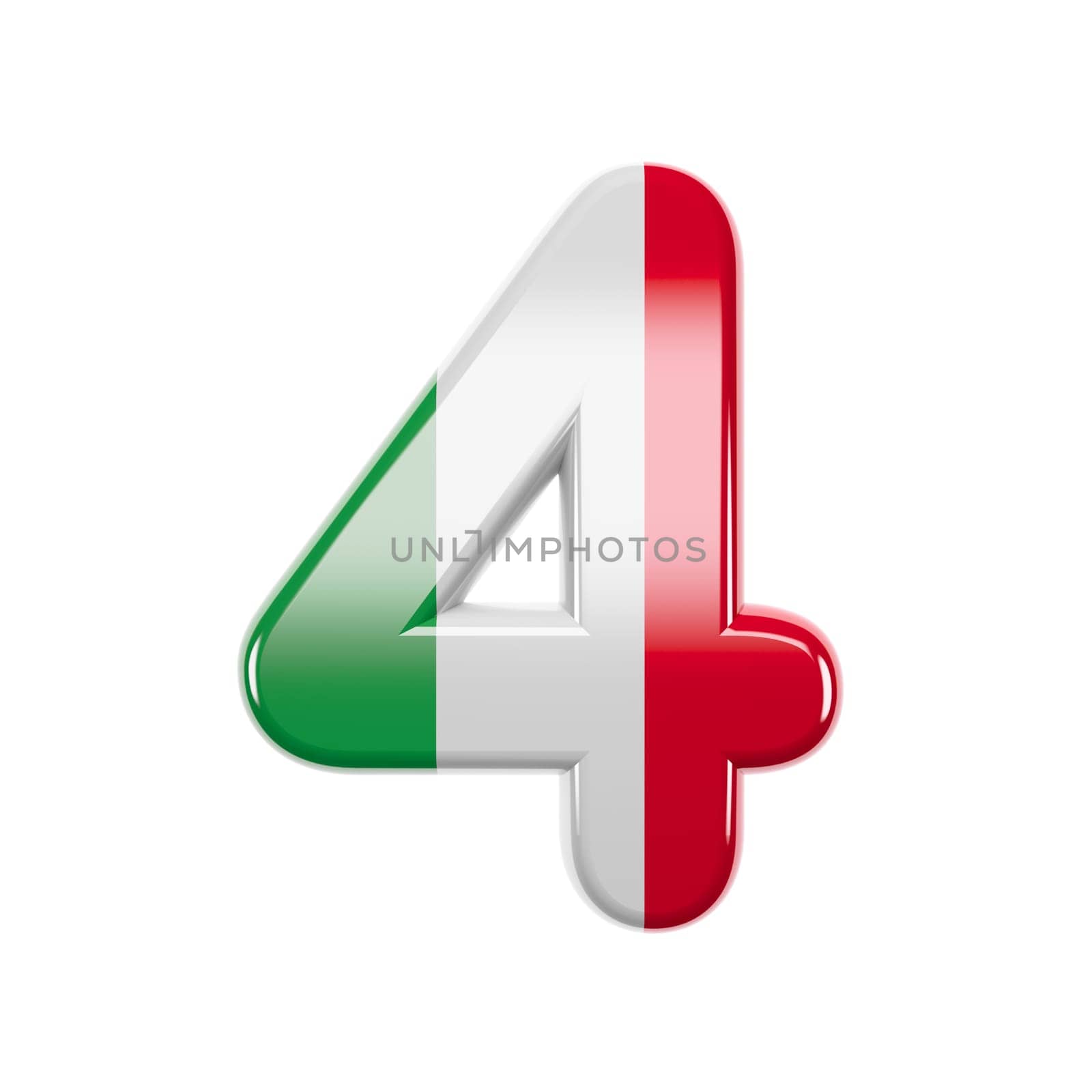Italian number 4 - 3d Italy flag digit isolated on white background. This alphabet is perfect for creative illustrations related but not limited to Italy, Europe, Rome...
