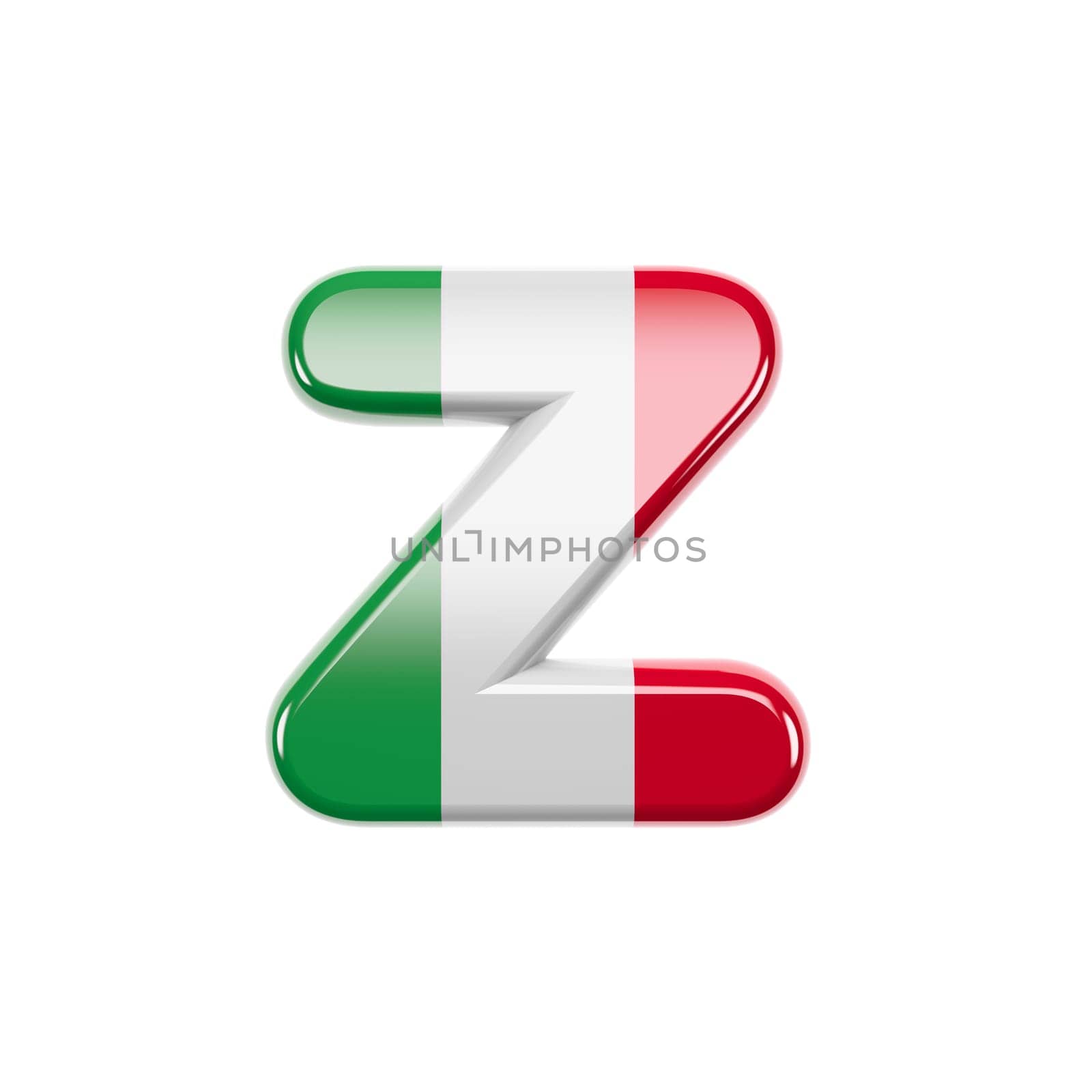 Italian letter Z - Lower-case 3d Italy flag font isolated on white background. This alphabet is perfect for creative illustrations related but not limited to Italy, Europe, Rome...