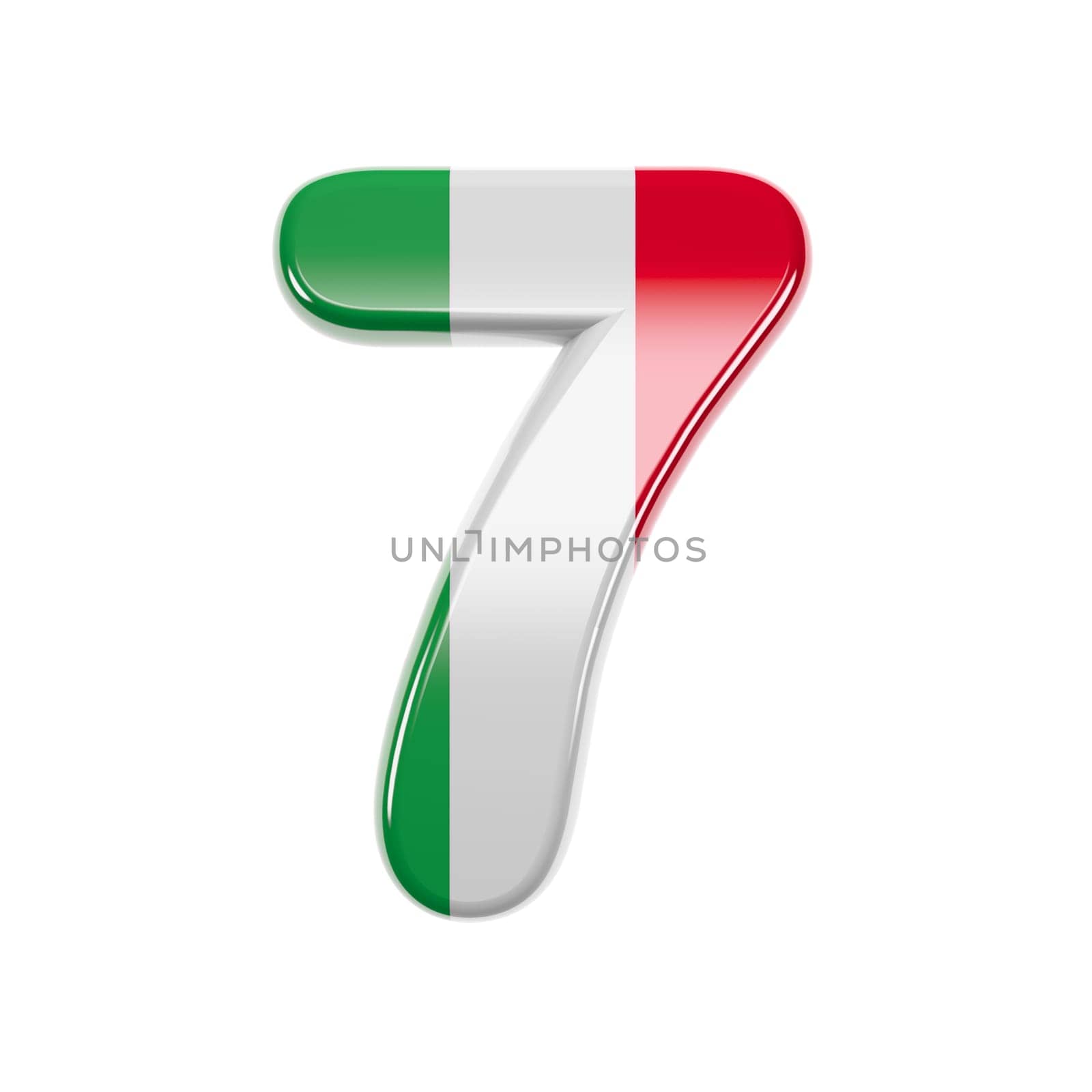 Italian number 7 - 3d Italy flag digit isolated on white background. This alphabet is perfect for creative illustrations related but not limited to Italy, Europe, Rome...
