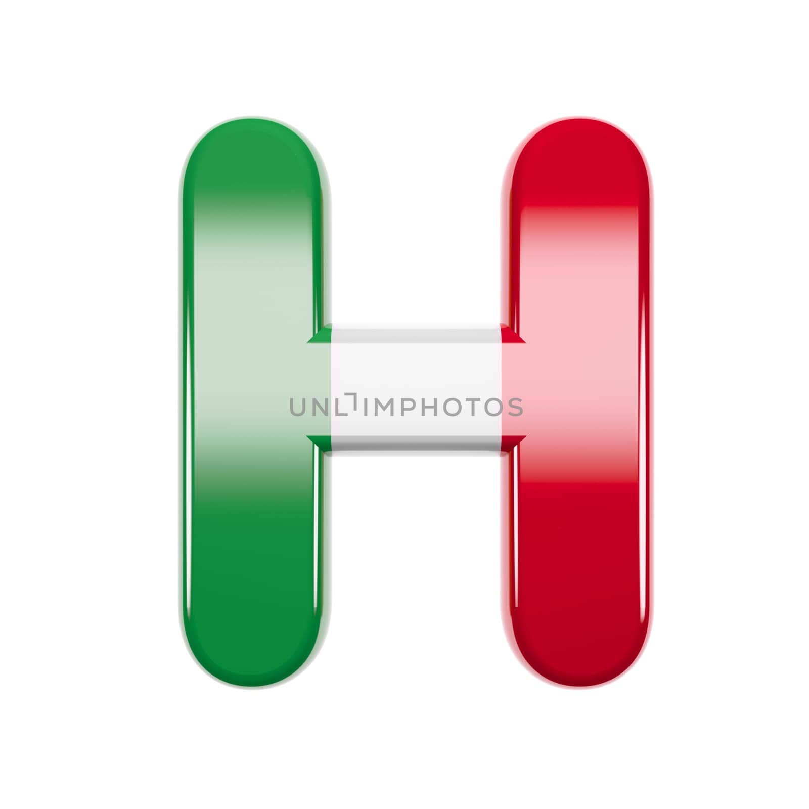 Italian letter H - large 3d Italy flag font isolated on white background. This alphabet is perfect for creative illustrations related but not limited to Italy, Europe, Rome...