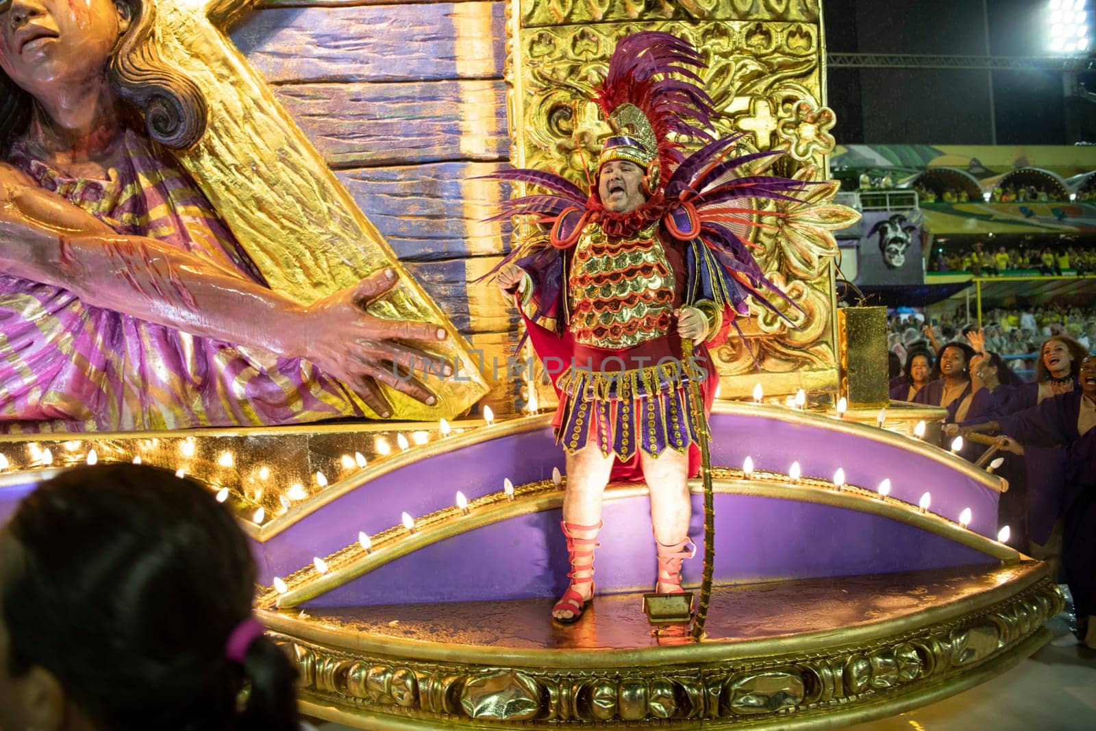 Rio de Janeiro, Brasil-  February 29, 2020: Samba Parade at the 2020 Carnival Champions Parade, Sambodromo. It's raining