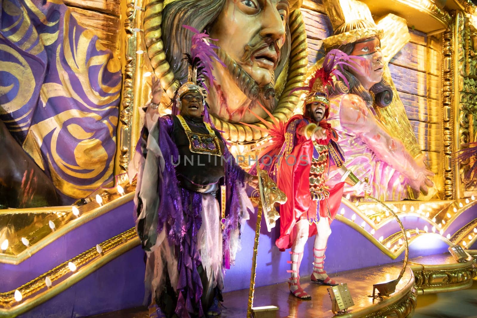 Rio de Janeiro, Brasil-  February 29, 2020: Samba Parade at the 2020 Carnival Champions Parade, Sambodromo. It's raining