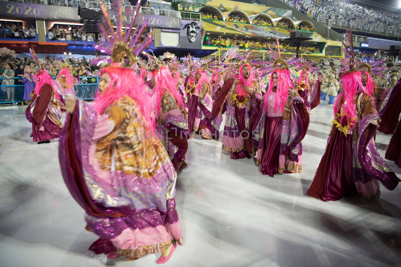 Rio de Janeiro, Brasil-  February 29, 2020: Samba Parade at the 2020 Carnival Champions Parade, Sambodromo. It's raining