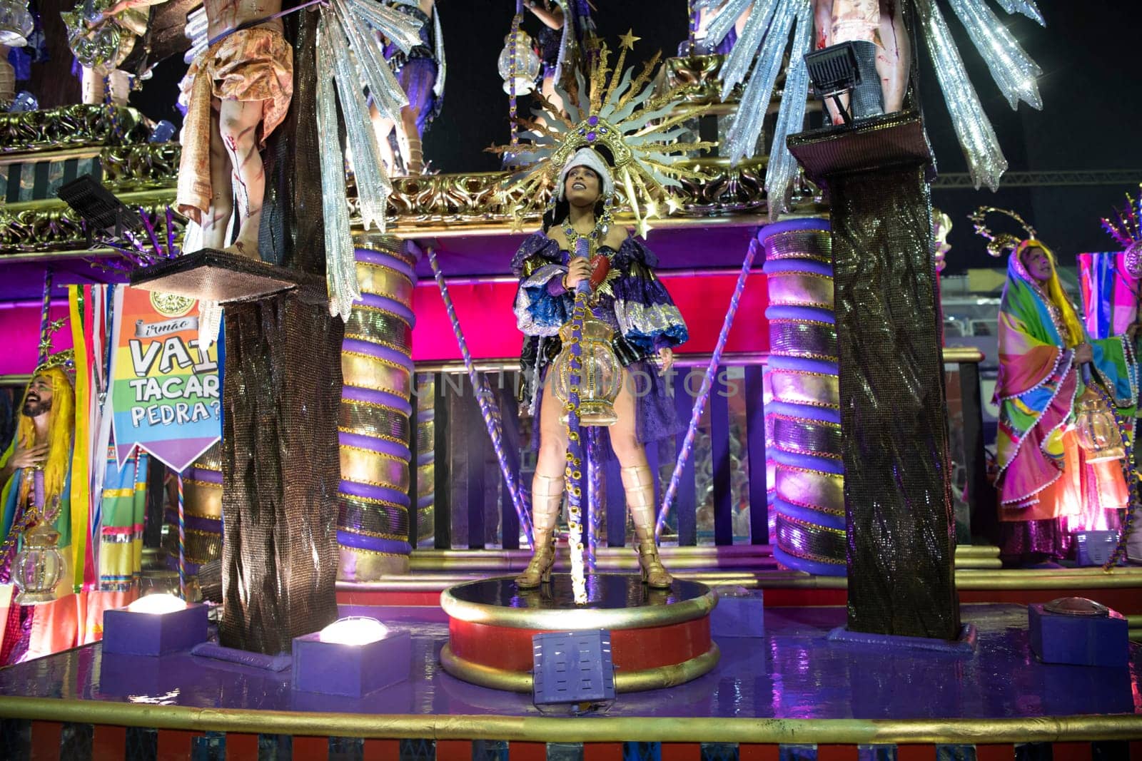 Rio de Janeiro, Brasil-  February 29, 2020: Samba Parade at the 2020 Carnival Champions Parade, Sambodromo. It's raining