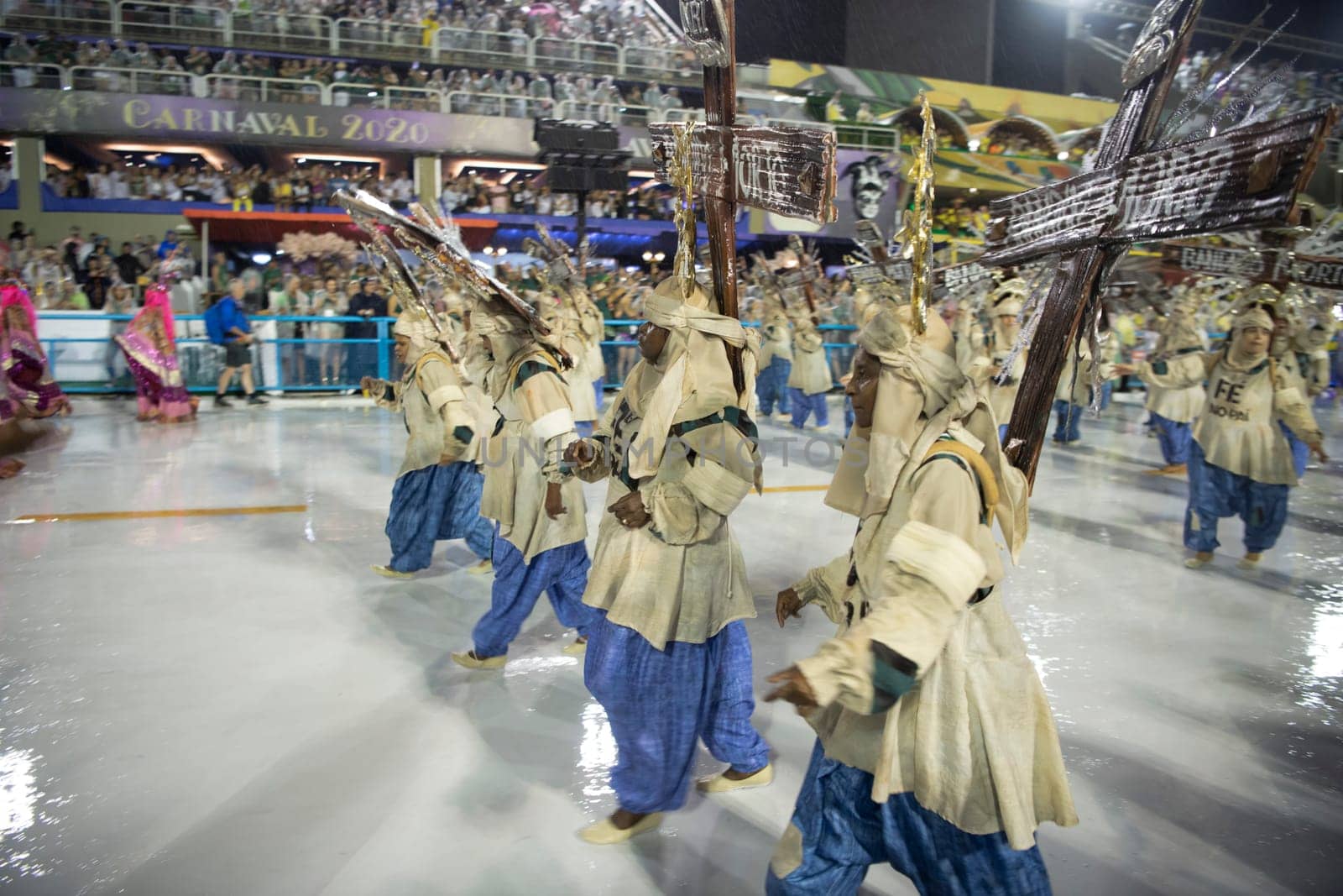 Rio de Janeiro, Brasil-  February 29, 2020: Samba Parade at the 2020 Carnival Champions Parade, Sambodromo. It's raining