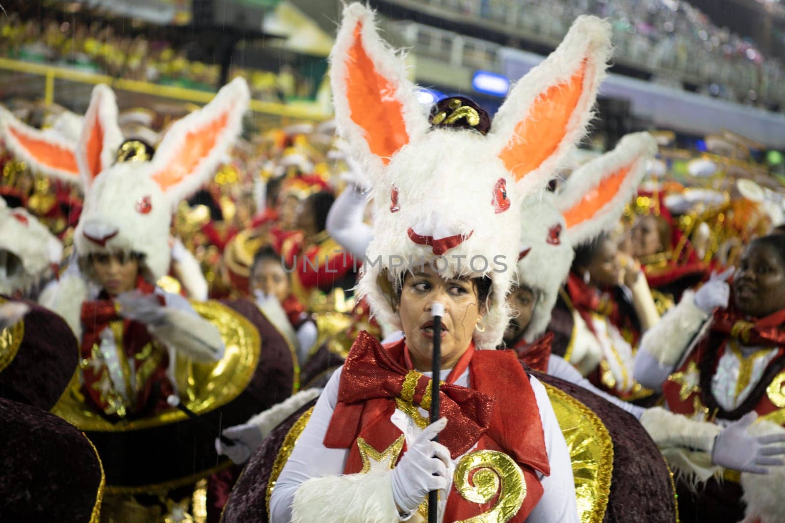 Rio de Janeiro, Brasil-  February 29, 2020: Samba Parade at the 2020 Carnival Champions Parade, Sambodromo. It's raining
