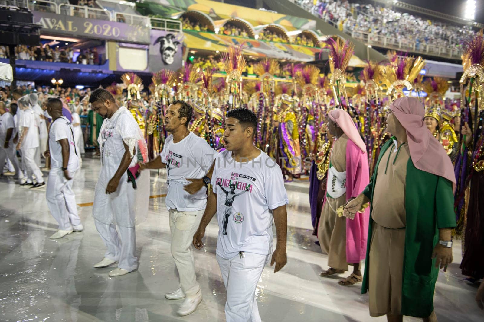 Rio de Janeiro, Brasil-  February 29, 2020: Samba Parade at the 2020 Carnival Champions Parade, Sambodromo. It's raining