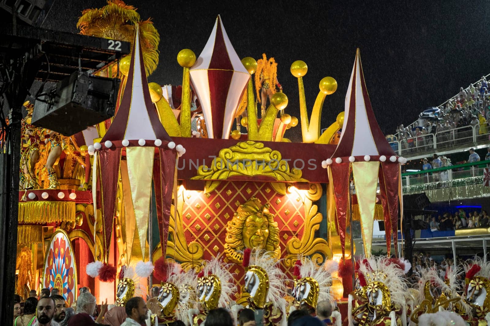 Rio de Janeiro, Brasil-  February 29, 2020: Samba Parade at the 2020 Carnival Champions Parade, Sambodromo. It's raining