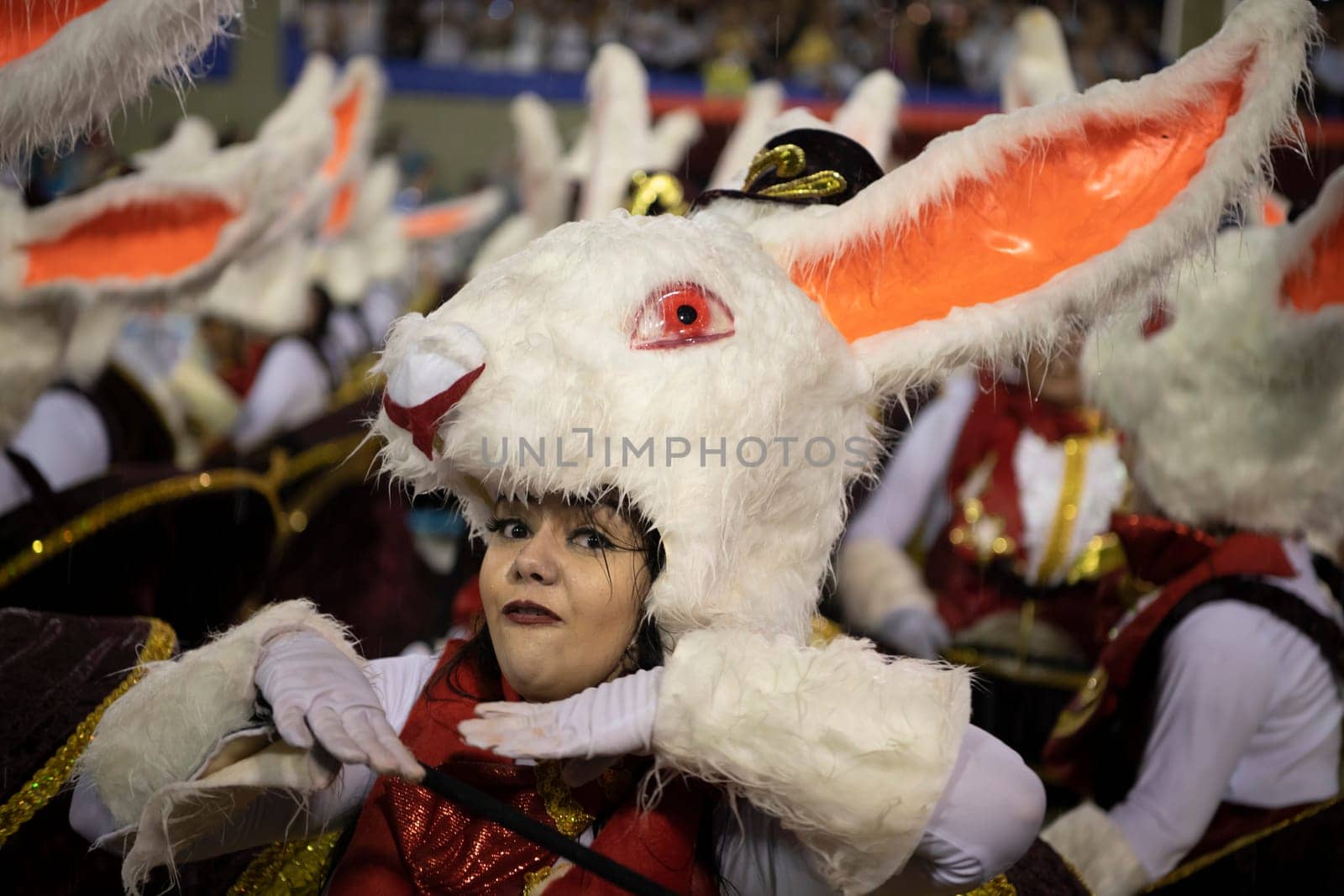 Rio de Janeiro, Brasil-  February 29, 2020: Samba Parade at the 2020 Carnival Champions Parade, Sambodromo. It's raining