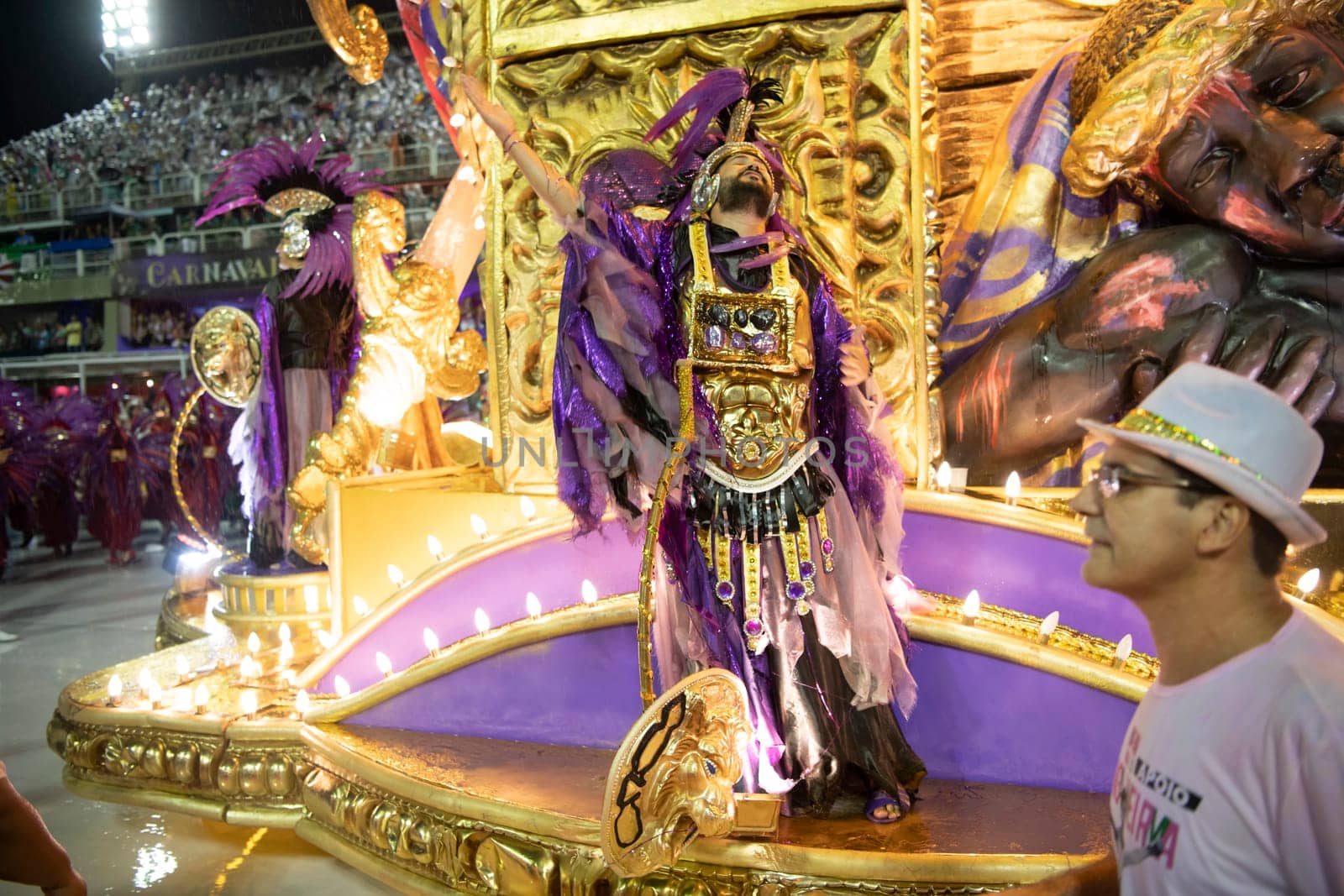 Rio de Janeiro, Brasil-  February 29, 2020: Samba Parade at the 2020 Carnival Champions Parade, Sambodromo. It's raining