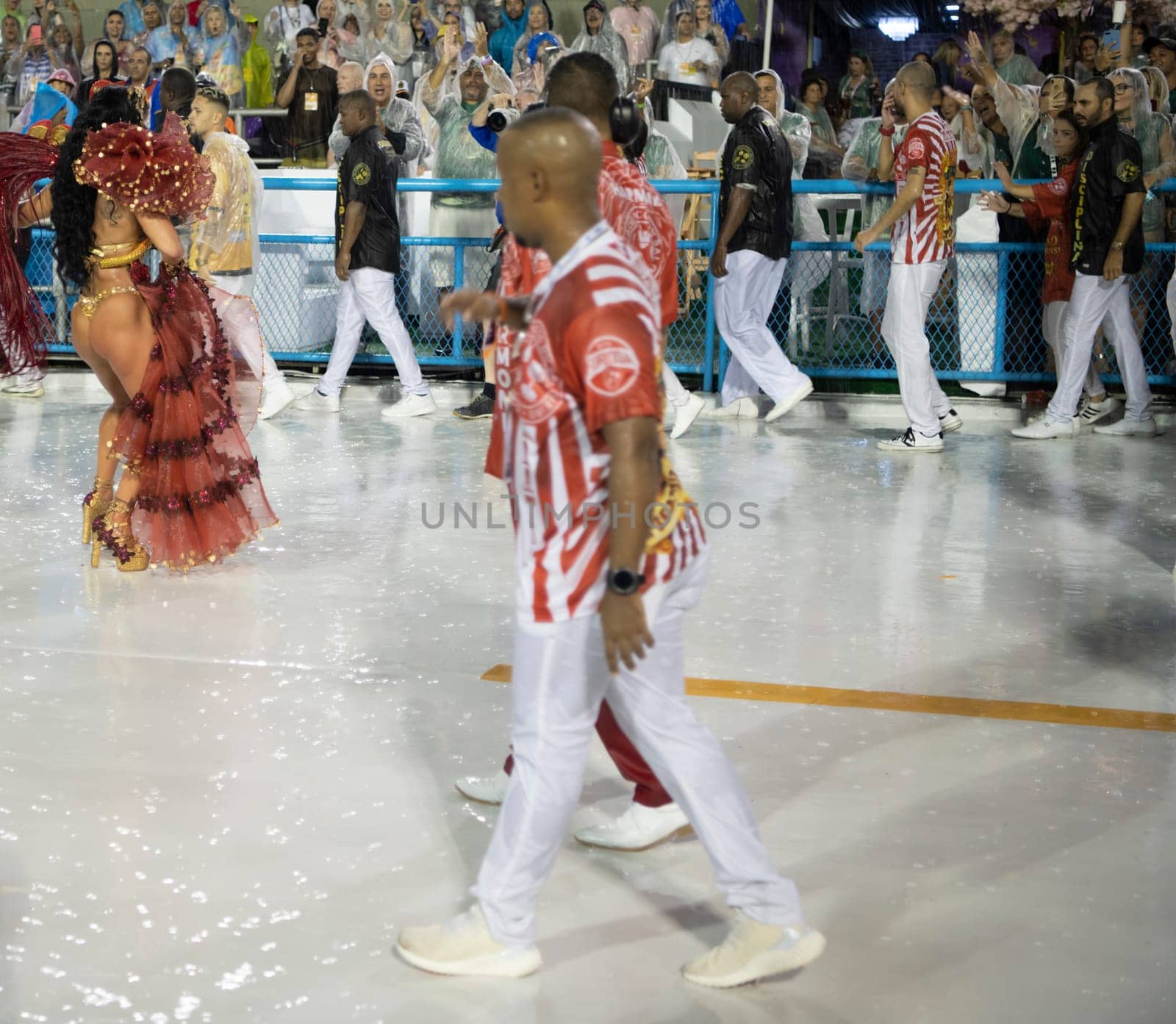 Rio de Janeiro, Brasil-  February 29, 2020: Samba Parade at the 2020 Carnival Champions Parade, Sambodromo. It's raining