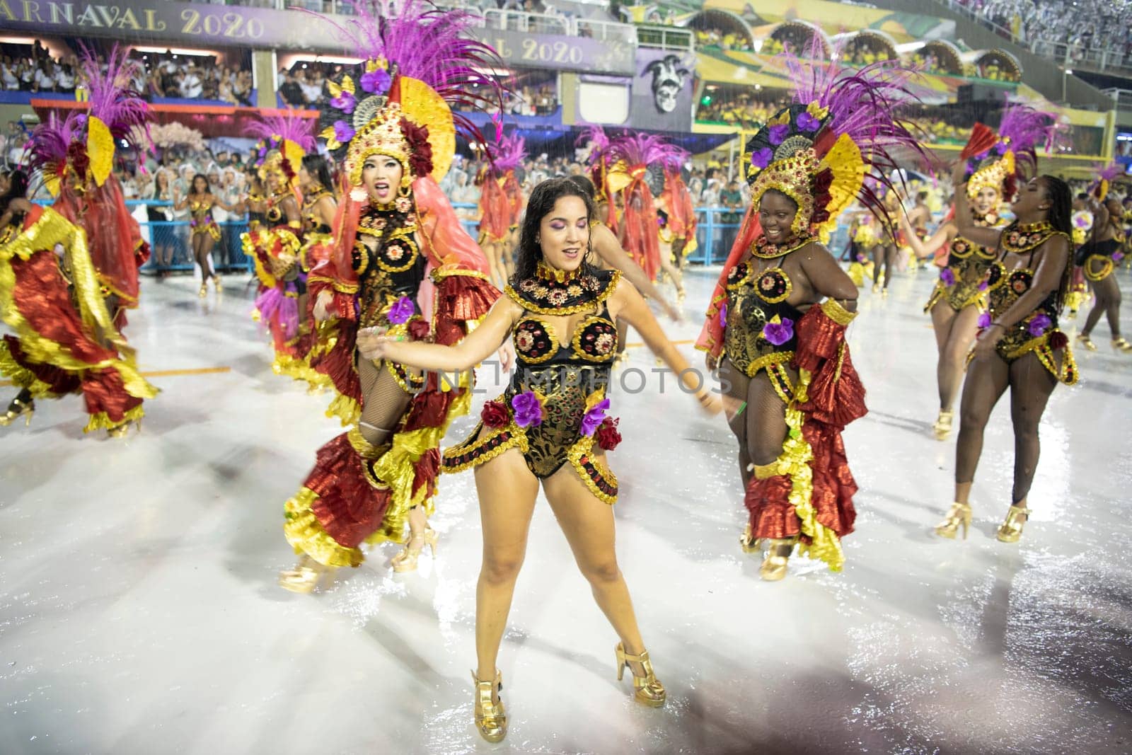 Rio de Janeiro, Brasil-  February 29, 2020: Samba Parade at the 2020 Carnival Champions Parade, Sambodromo. It's raining