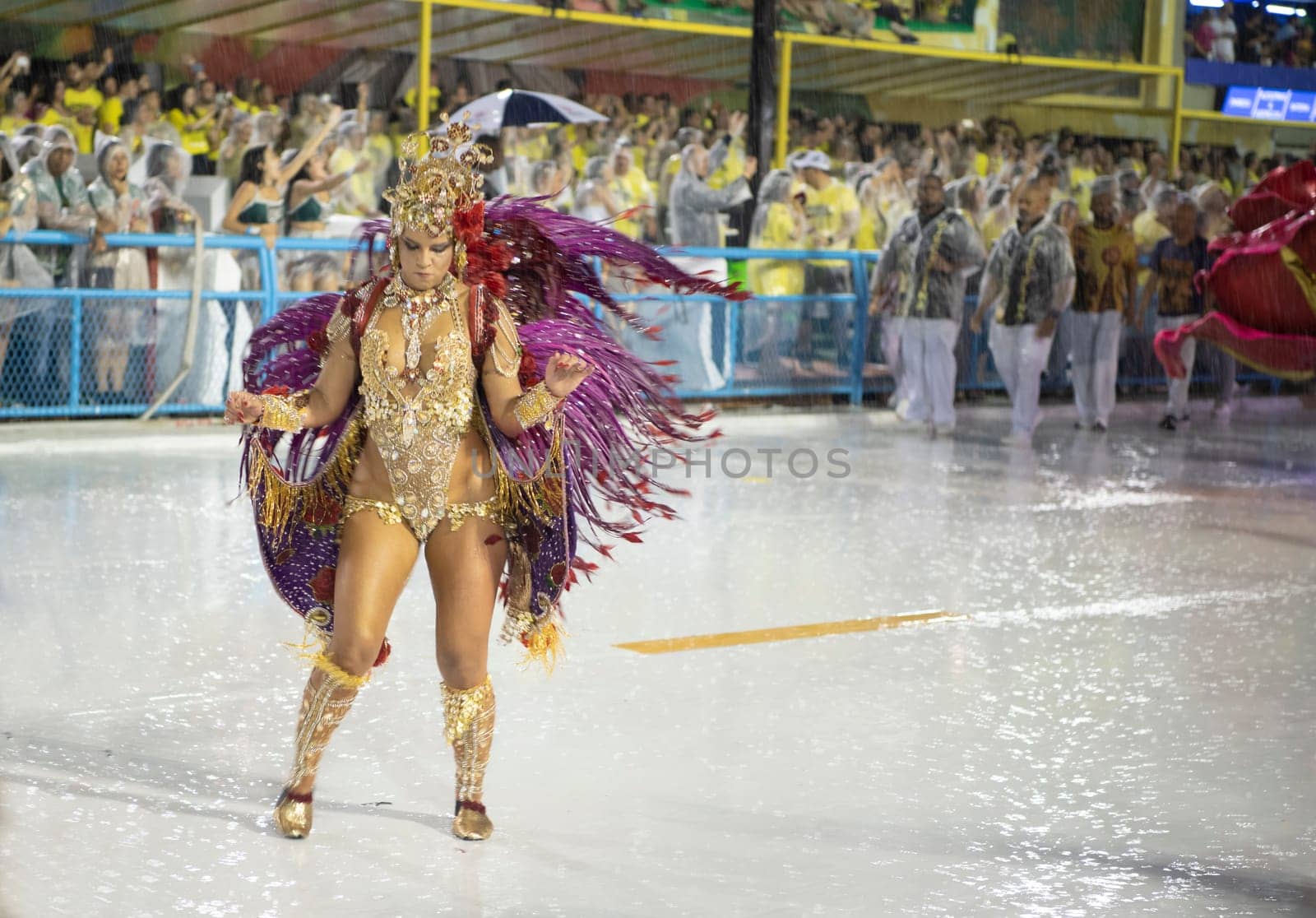Rio de Janeiro, Brasil-  February 29, 2020: Samba Parade at the 2020 Carnival Champions Parade, Sambodromo. It's raining