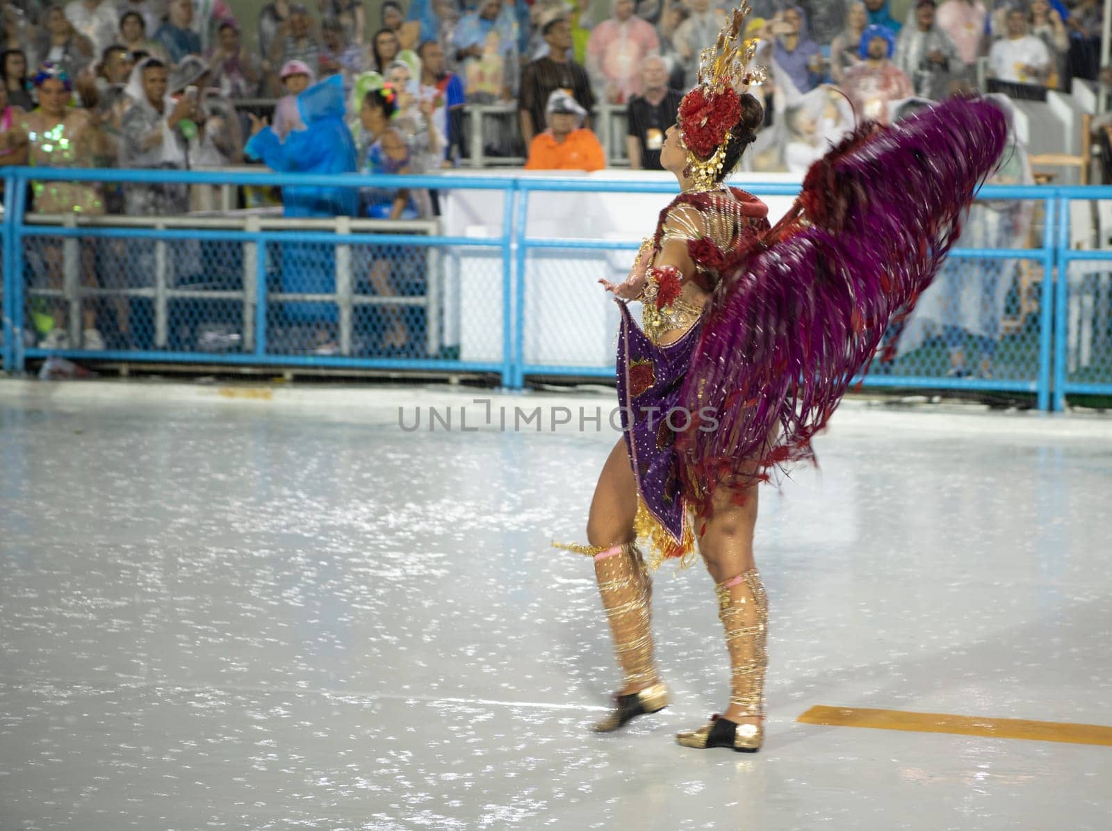 Rio de Janeiro, Brasil-  February 29, 2020: Samba Parade at the 2020 Carnival Champions Parade, Sambodromo. It's raining