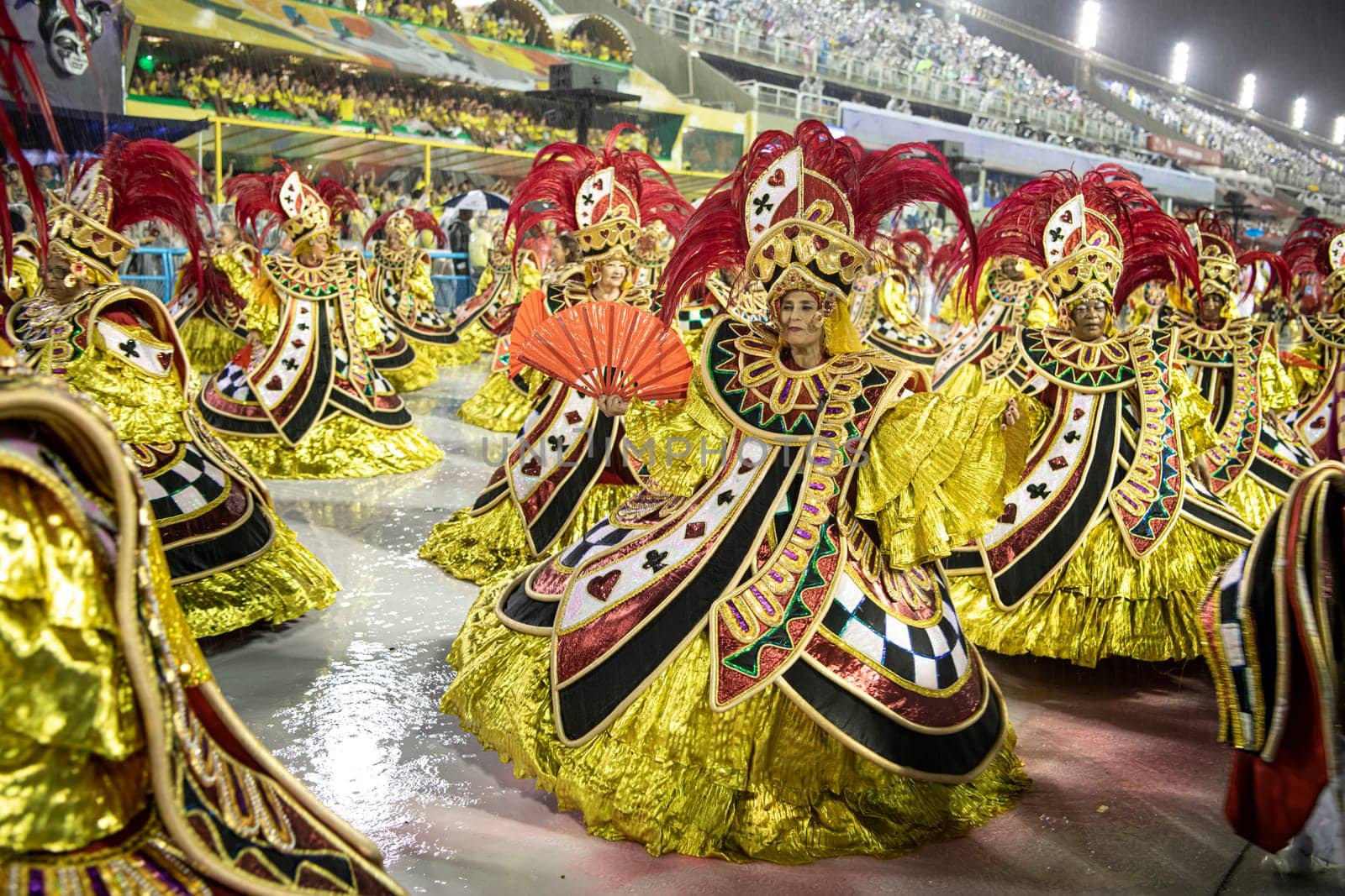 Rio de Janeiro, Brasil-  February 29, 2020: Samba Parade at the 2020 Carnival Champions Parade, Sambodromo. It's raining