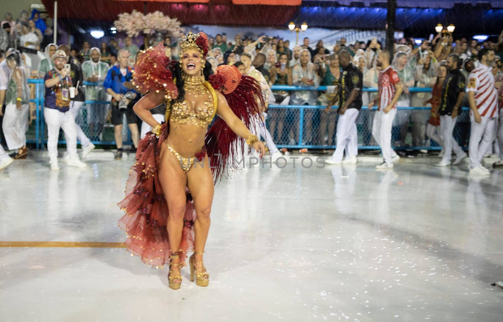 Rio de Janeiro, Brasil-  February 29, 2020: Samba Parade at the 2020 Carnival Champions Parade, Sambodromo. It's raining