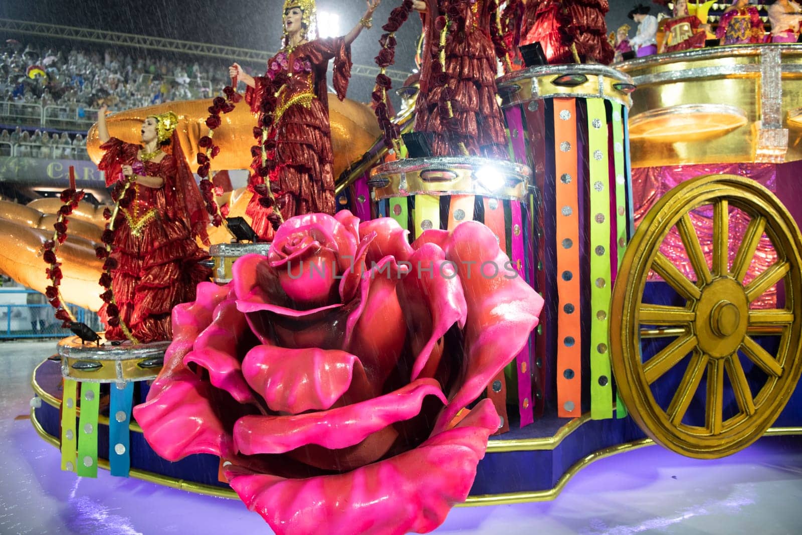 Rio de Janeiro, Brasil-  February 29, 2020: Samba Parade at the 2020 Carnival Champions Parade, Sambodromo. It's raining