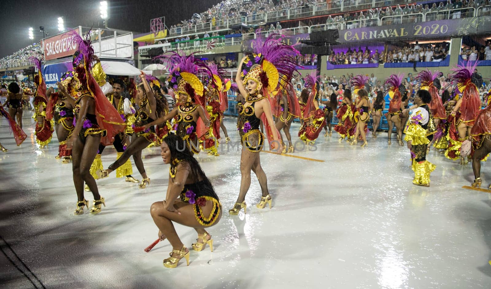 Rio de Janeiro, Brasil-  February 29, 2020: Samba Parade at the 2020 Carnival Champions Parade, Sambodromo. It's raining