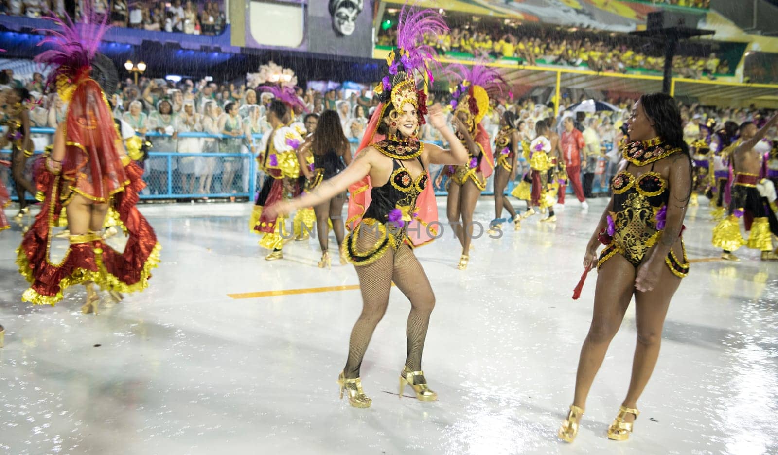 Rio de Janeiro, Brasil-  February 29, 2020: Samba Parade at the 2020 Carnival Champions Parade, Sambodromo. It's raining