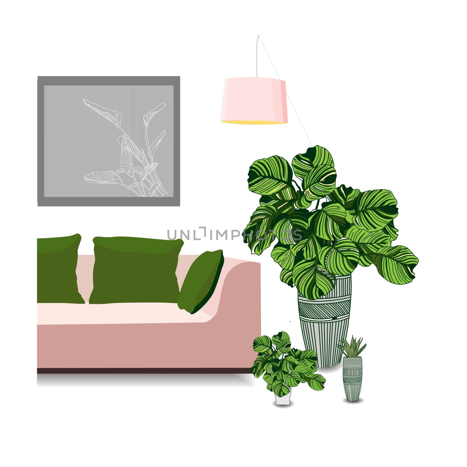 A pink couch and a beautiful chase. Picture on the wall. Interior.