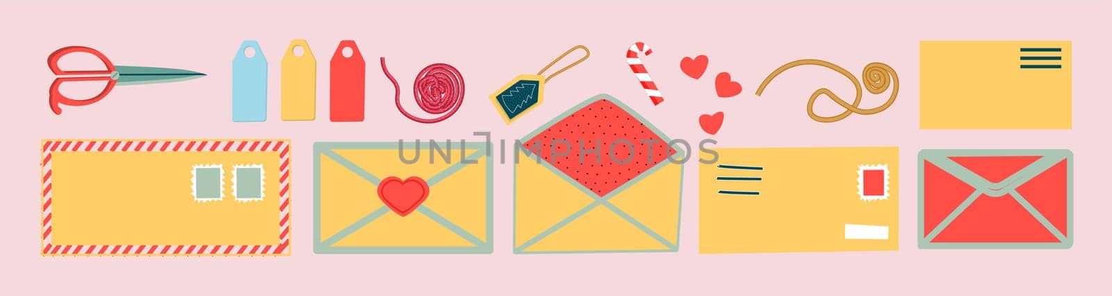 Post card and envelope set. Isolated hand-drawn postal cards and envelopes with post stamps. Modern collection of love and friendship letter designs. Vector illustrations for web and print.
