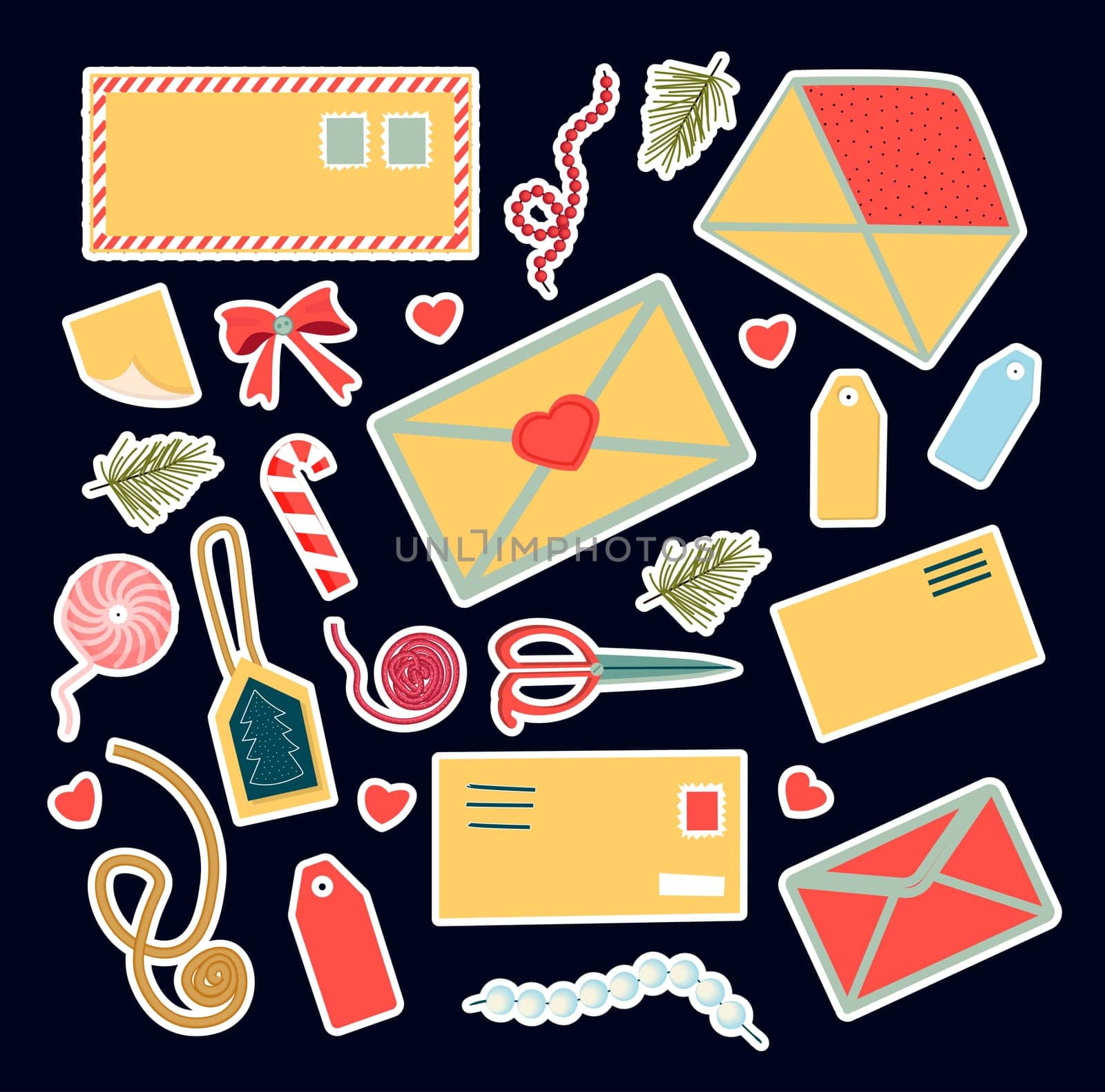 Mail and delivery. Letters and envelopes. Holiday letters. Stickers mail theme.Vector illustration