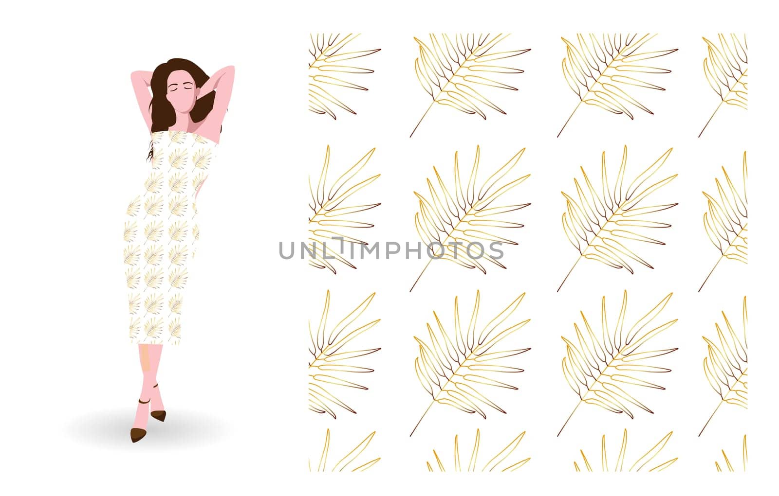 Monstera leaves on a tile pattern. Seamless design of Hawaiian tropical plants in pastel colors. Beautifully organized hand drawn vector illustration for background, banner, textile. Summer forest concept.