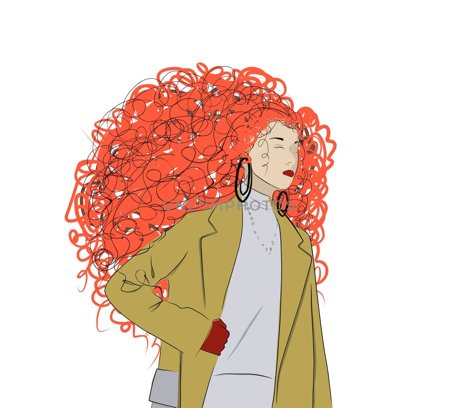 Creative illustration of a young woman. A young girl with red hair. Lady in a coat. Nice girl in a fashionable jacket. Fashionable hand-drawn illustration