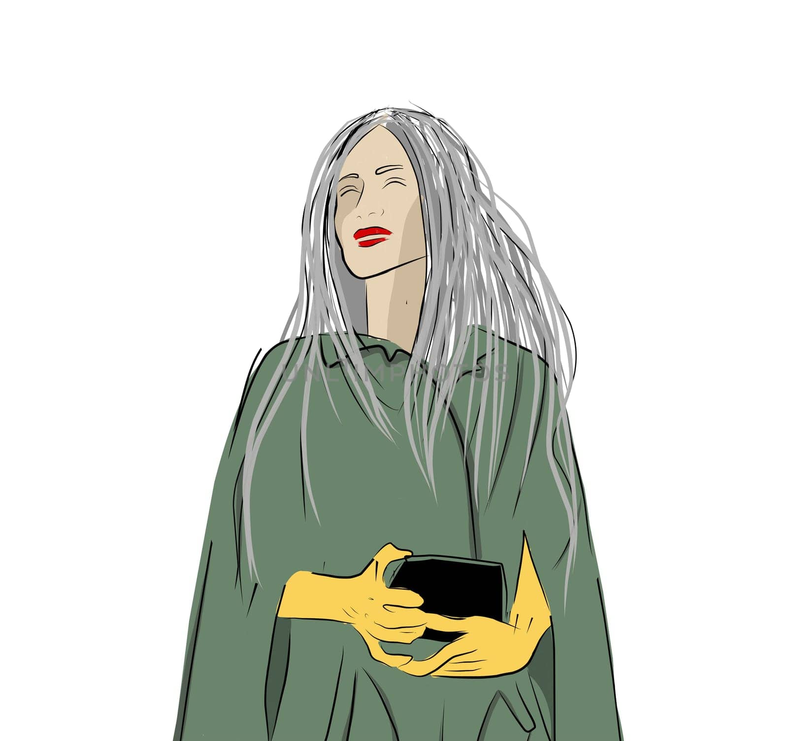 Creative illustration of a young woman. A young girl with ash gray hair. Lady in a coat. Nice girl in a fashionable jacket. Fashionable hand-drawn illustration.