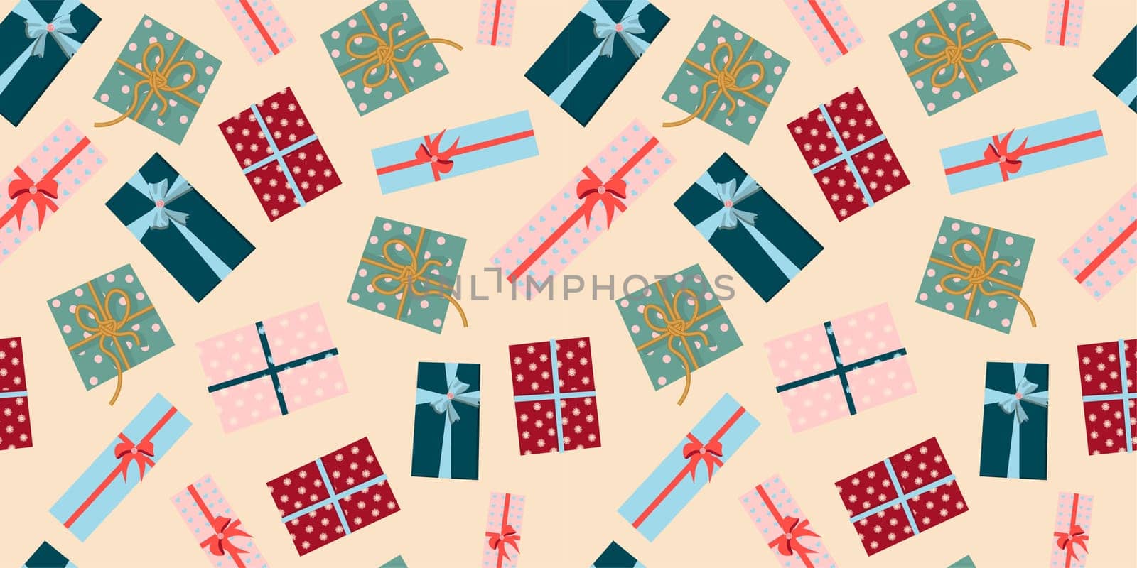 Drawing for the design of wrapping paper. Christmas gifts on a pink background. Festive mood. Vector illustration for web and print.