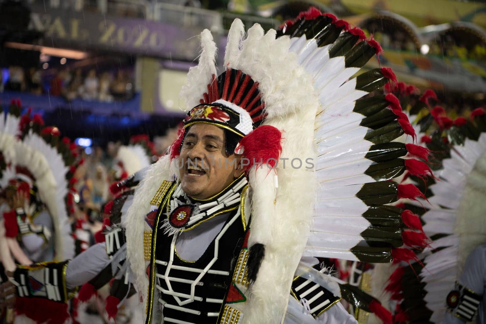 Rio de Janeiro, Brasil-  February 29, 2020: Samba Parade at the 2020 Carnival Champions Parade, Sambodromo. It's raining