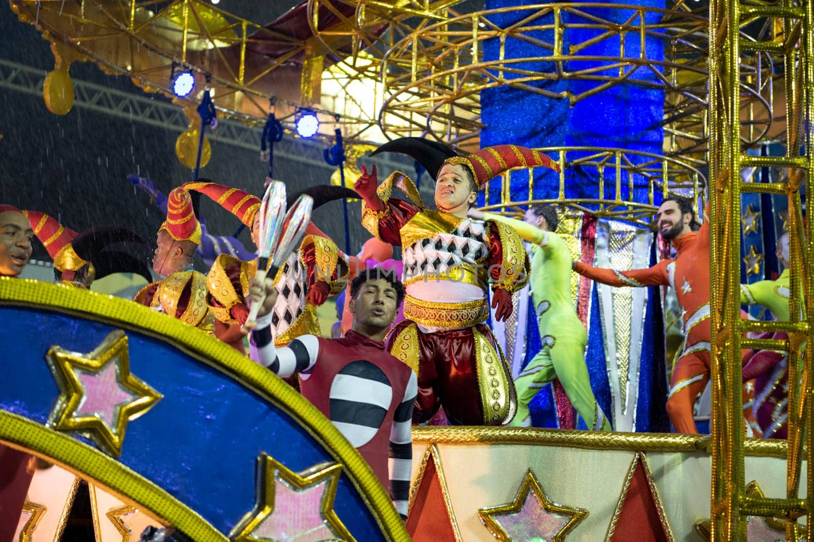 Rio de Janeiro, Brasil-  February 29, 2020: Samba Parade at the 2020 Carnival Champions Parade, Sambodromo. It's raining