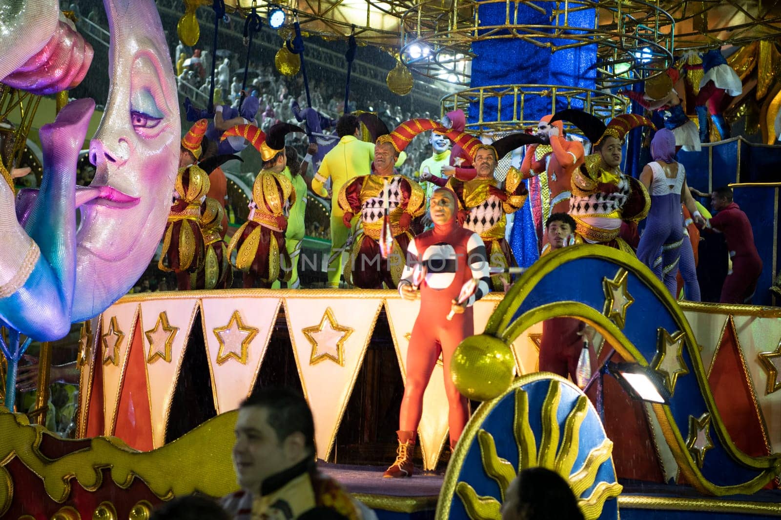 Rio de Janeiro, Brasil-  February 29, 2020: Samba Parade at the 2020 Carnival Champions Parade, Sambodromo. It's raining