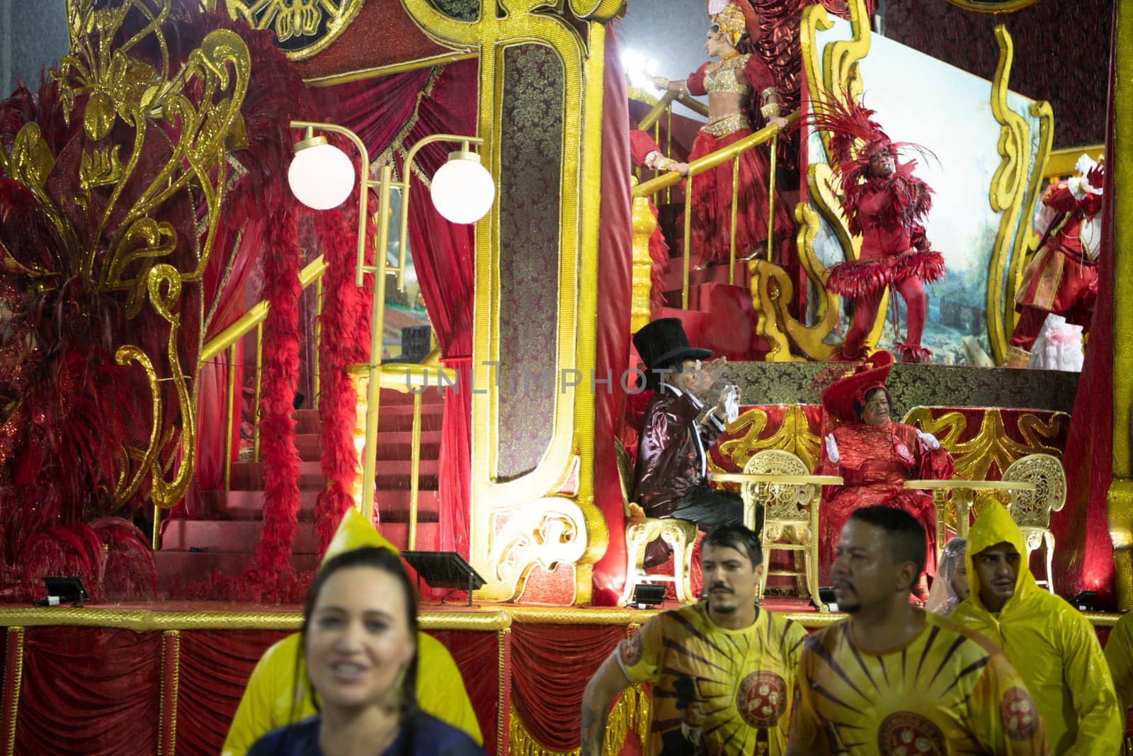 Rio de Janeiro, Brasil-  February 29, 2020: Samba Parade at the 2020 Carnival Champions Parade, Sambodromo. It's raining
