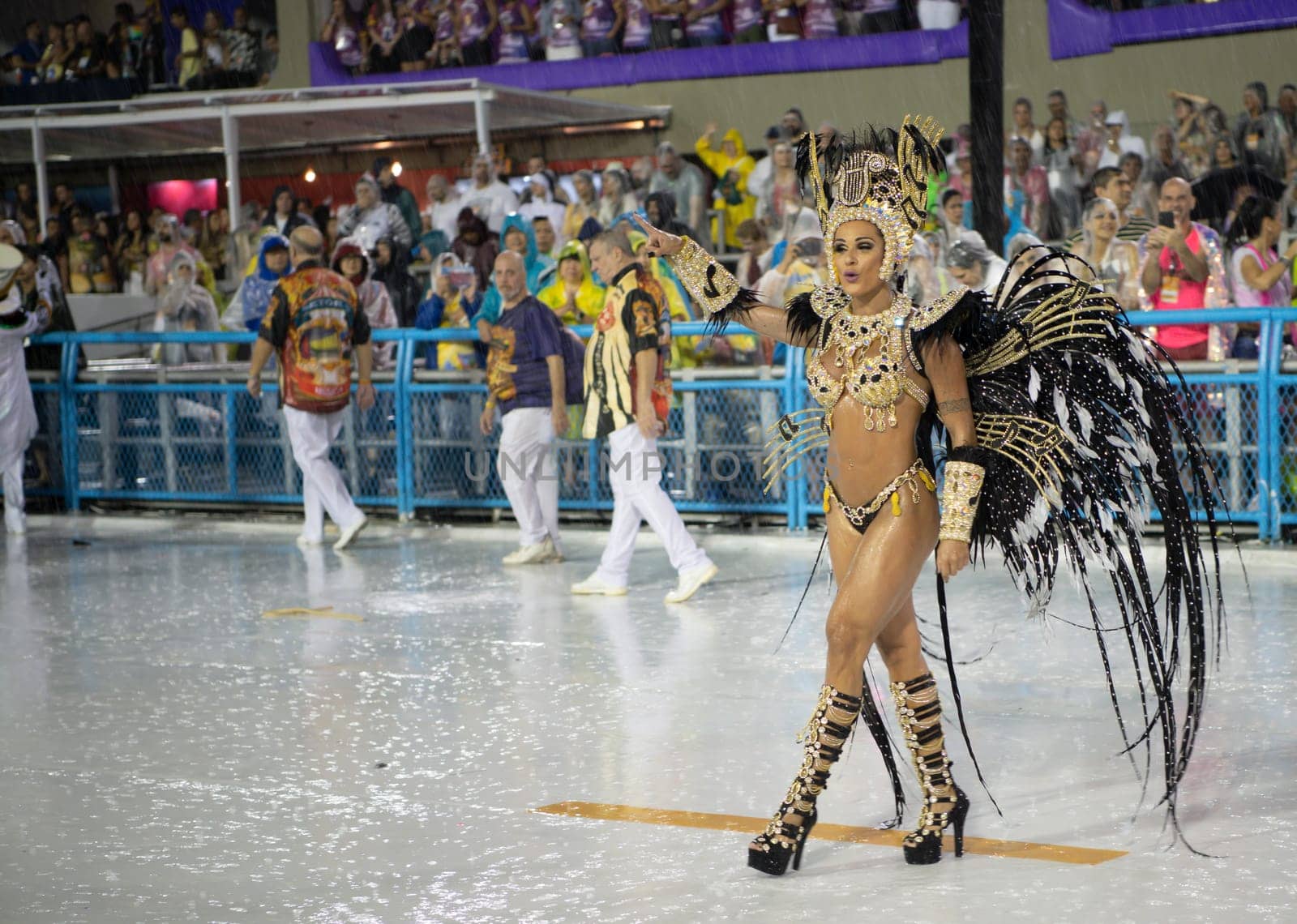 Rio de Janeiro, Brasil-  February 29, 2020: Samba Parade at the 2020 Carnival Champions Parade, Sambodromo. It's raining