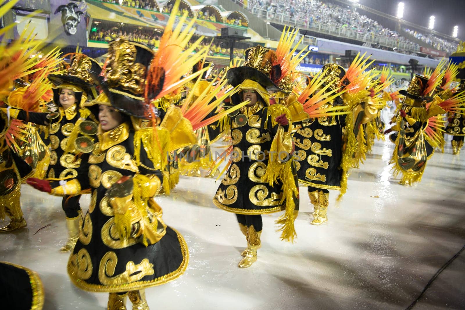 Rio de Janeiro, Brasil-  February 29, 2020: Samba Parade at the 2020 Carnival Champions Parade, Sambodromo. It's raining